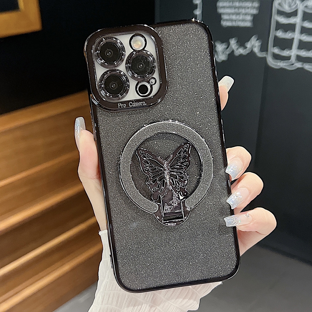 For iPhone 12 Pro Max Plating Glitter Butterfly Holder Phone Case(Black) - Shopkiz.com