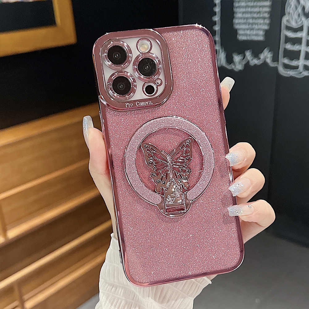 For iPhone 12 Pro Plating Glitter Butterfly Holder Phone Case(Pink) - Shopkiz.com