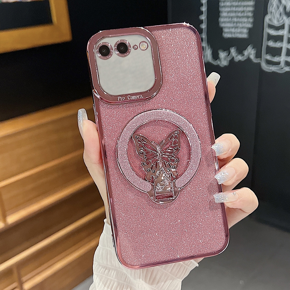 For iPhone 6 Plus / 6s Plus Plating Glitter Butterfly Holder Phone Case(Pink) - Shopkiz.com