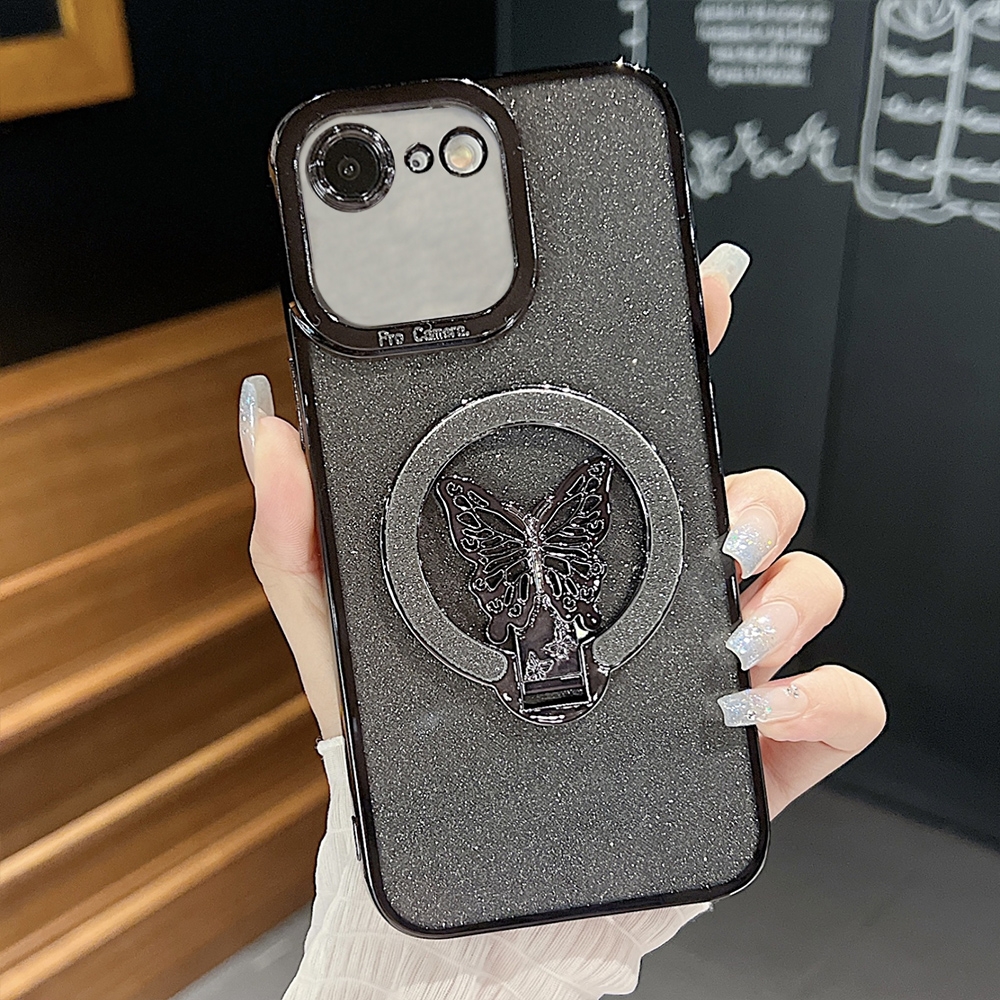For iPhone 7 / 8 / SE 2022 Plating Glitter Butterfly Holder Phone Case(Black) - Shopkiz.com