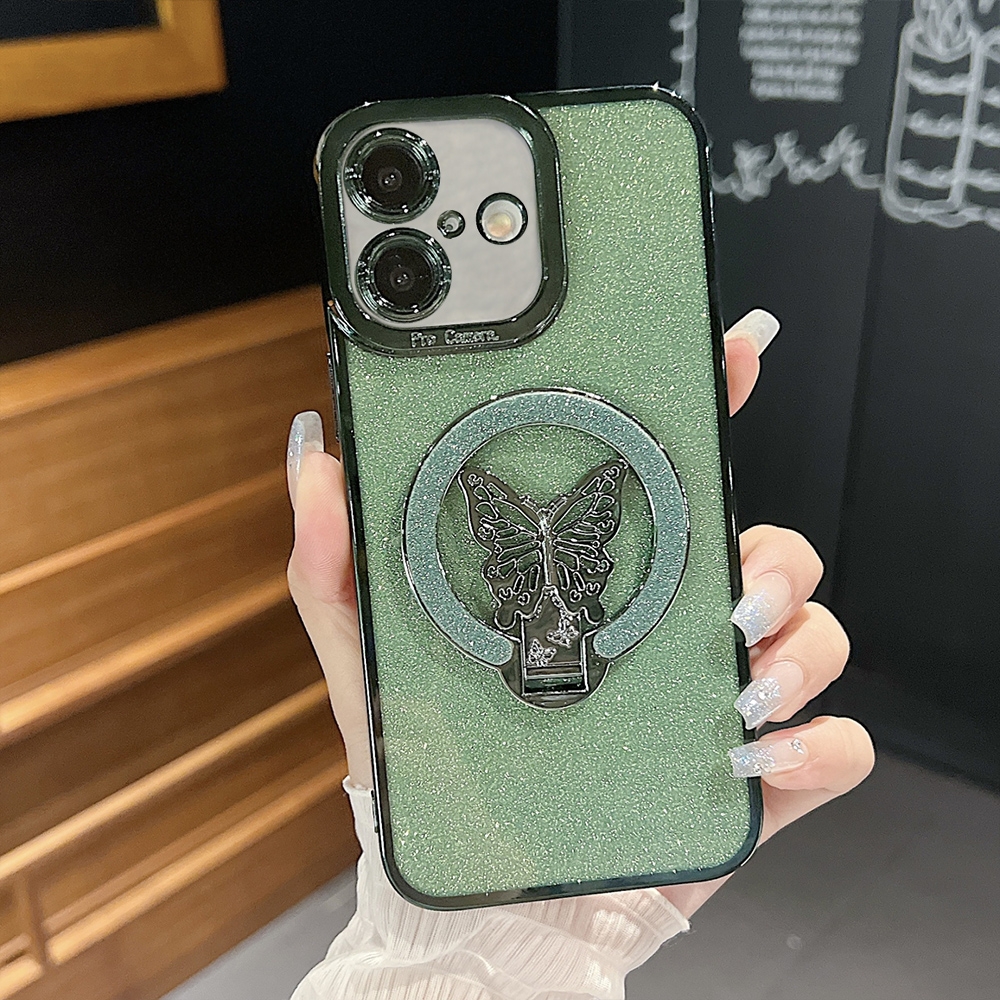 For iPhone 16 Plating Glitter Butterfly Holder Phone Case(Green) - Shopkiz.com