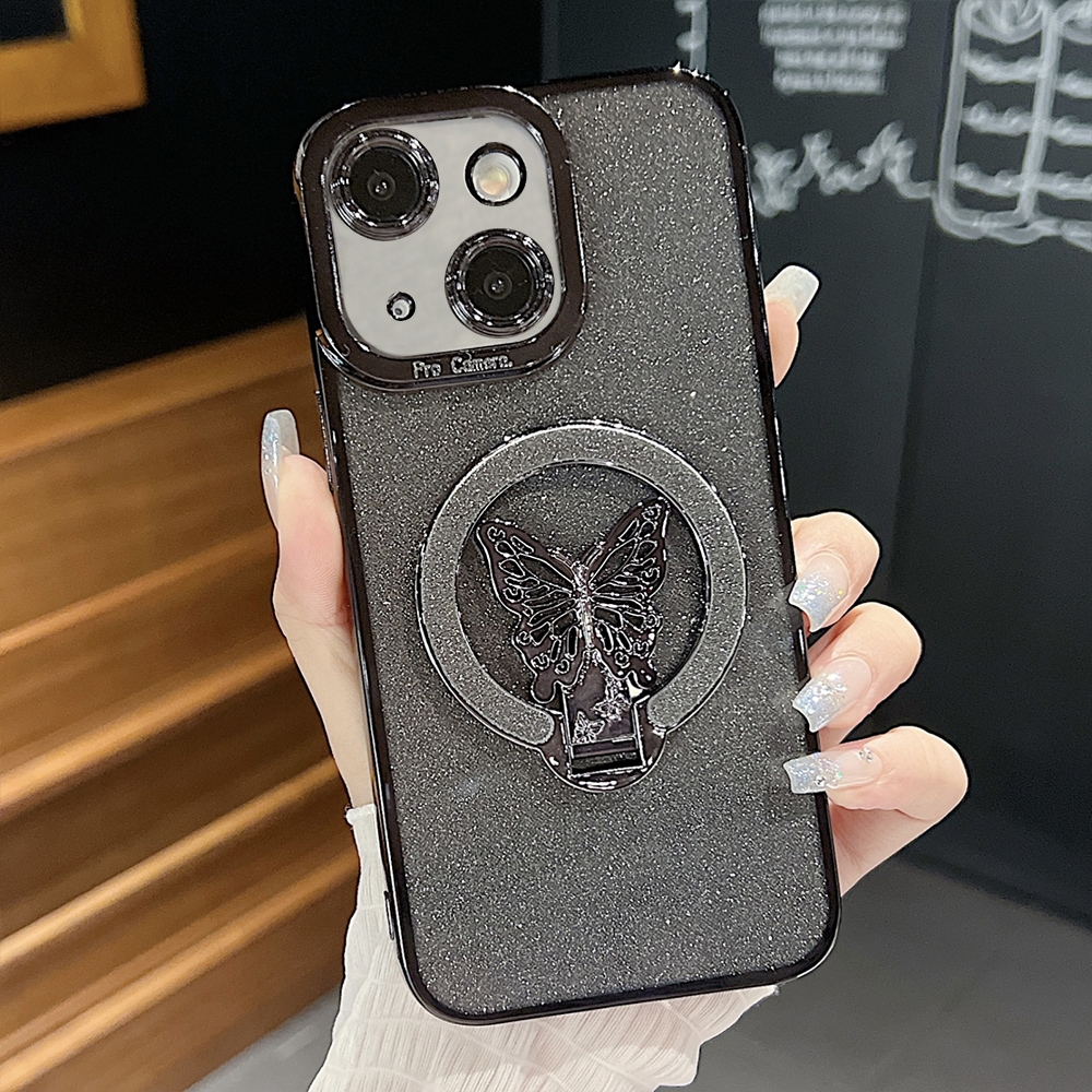 For iPhone 15 Plus Plating Glitter Butterfly Holder Phone Case(Black) - Shopkiz.com