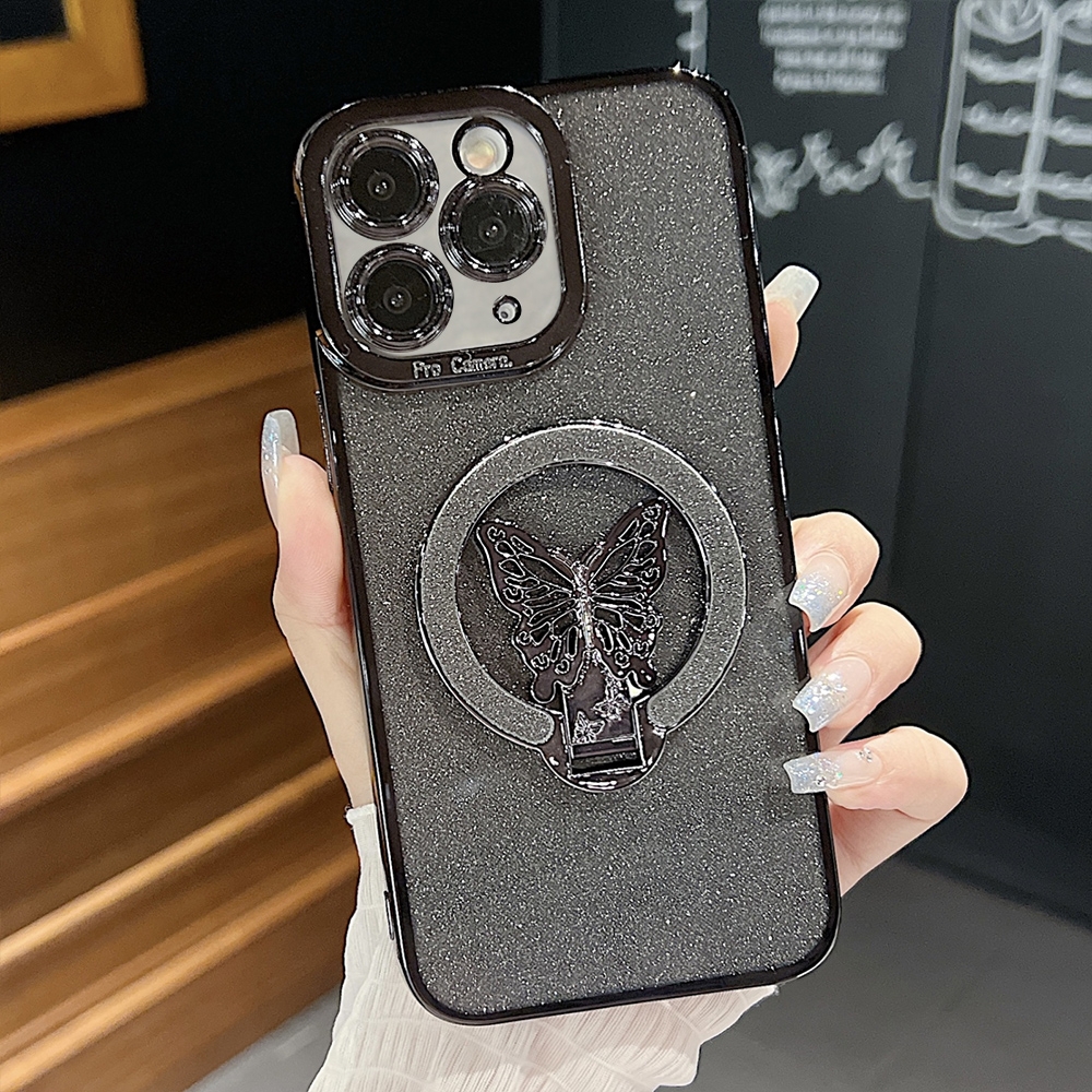 For iPhone 11 Pro Max Plating Glitter Butterfly Holder Phone Case(Black) - Shopkiz.com