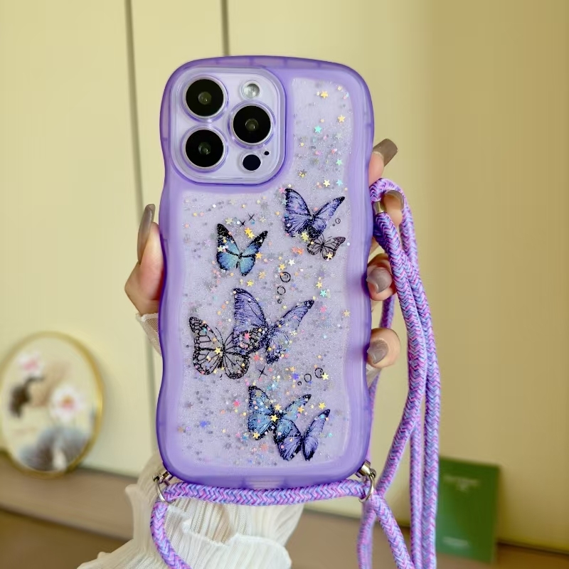 For iPhone 16 Pro Max Crossbody Wave Edge Butterfly TPU Phone Case(Purple) - Shopkiz.com