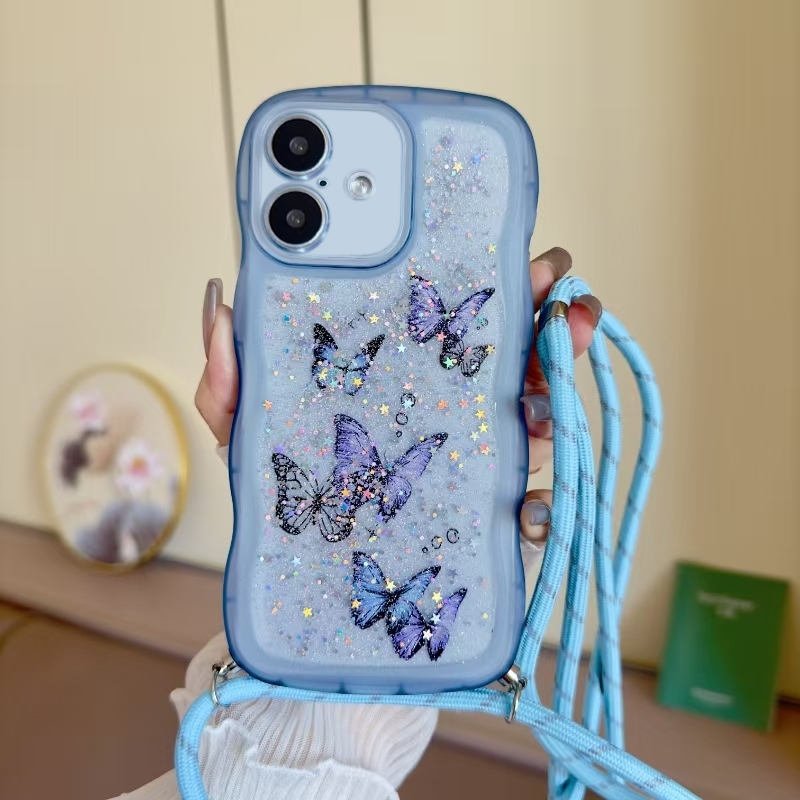 For iPhone 16 Crossbody Wave Edge Butterfly TPU Phone Case(Blue) - Shopkiz.com
