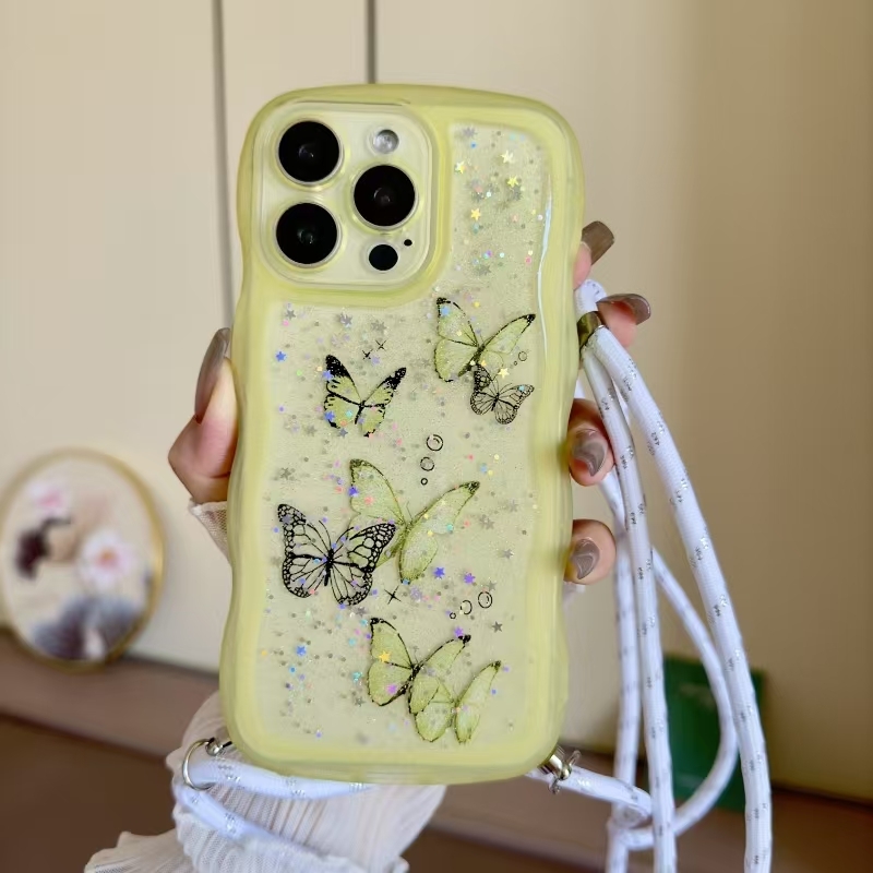For iPhone 15 Pro Max Crossbody Wave Edge Butterfly TPU Phone Case(Yellow) - Shopkiz.com