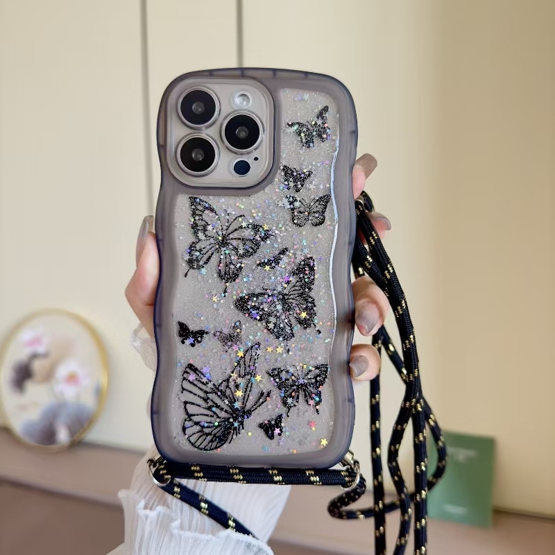 For iPhone 15 Pro Crossbody Wave Edge Butterfly TPU Phone Case(Black) - Shopkiz.com