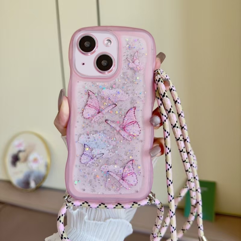 For iPhone 15 Crossbody Wave Edge Butterfly TPU Phone Case(Pink) - Shopkiz.com