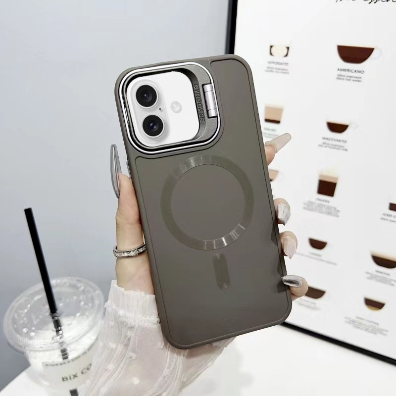 For iPhone 16 Plus CD Texture Frosted MagSafe Lens Holder Phone Case(Gray) - Shopkiz.com