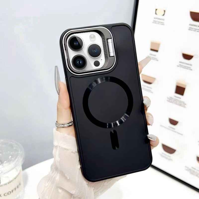 For iPhone 15 Pro Max CD Texture Frosted MagSafe Lens Holder Phone Case(Black) - Shopkiz.com
