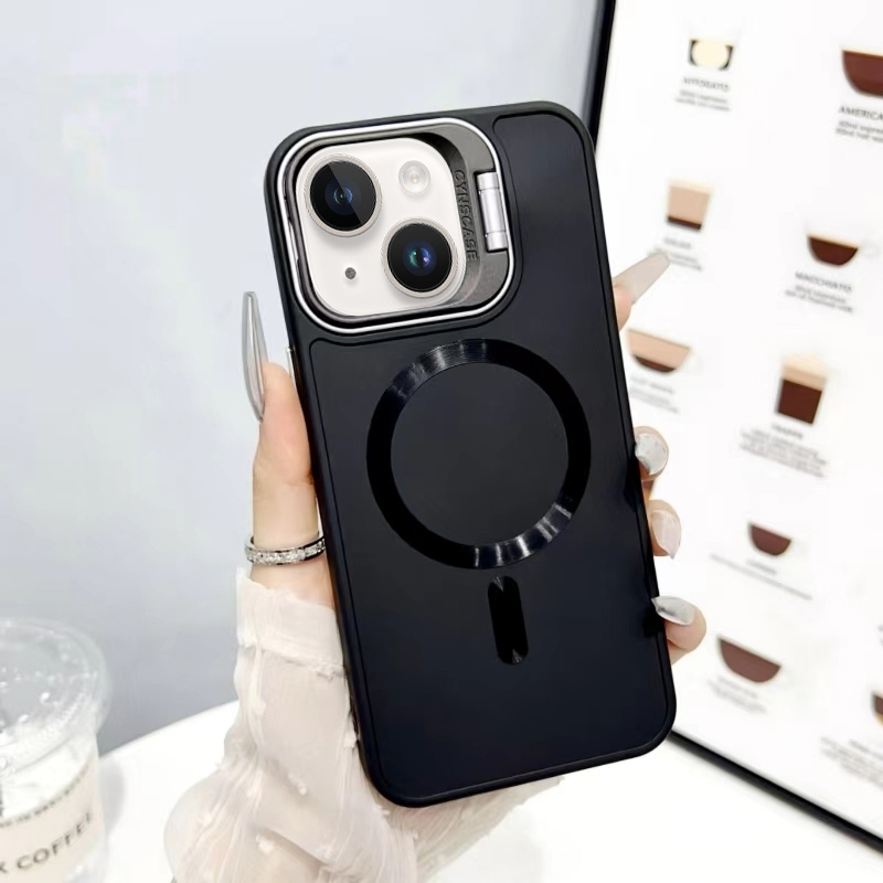 For iPhone 15 CD Texture Frosted MagSafe Lens Holder Phone Case(Black) - Shopkiz.com