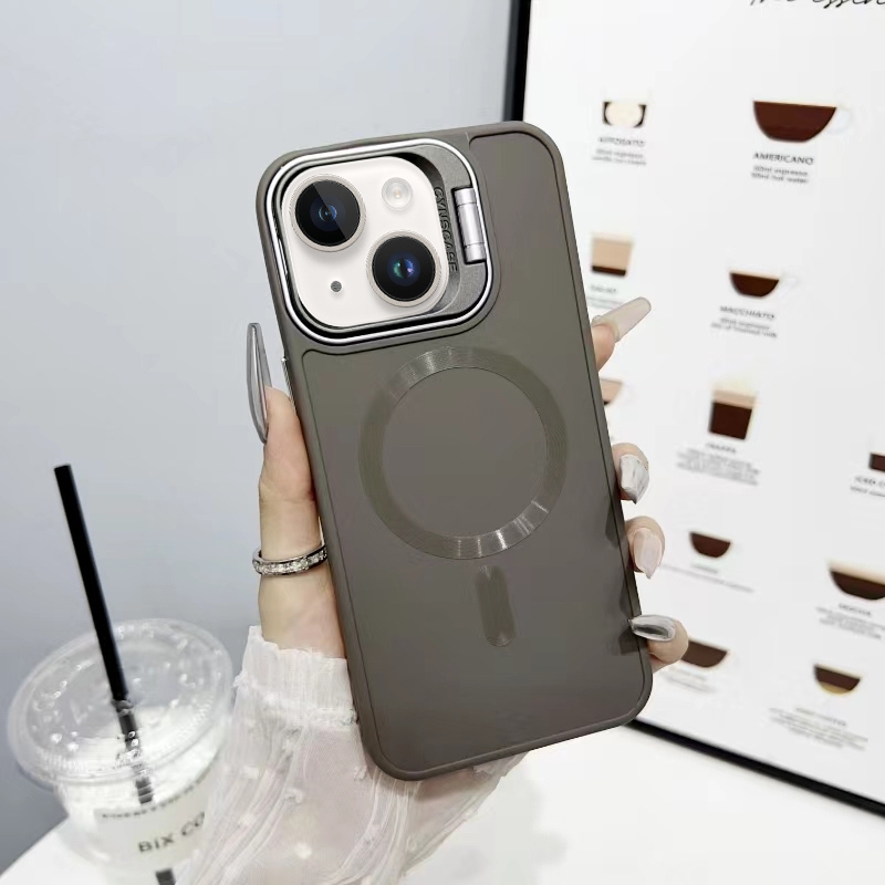 For iPhone 15 CD Texture Frosted MagSafe Lens Holder Phone Case(Gray) - Shopkiz.com