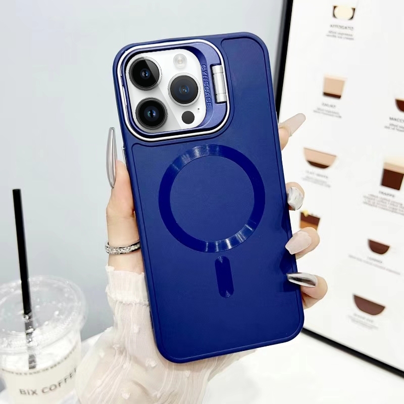 For iPhone 14 Pro Max CD Texture Frosted MagSafe Lens Holder Phone Case(Blue) - Shopkiz.com