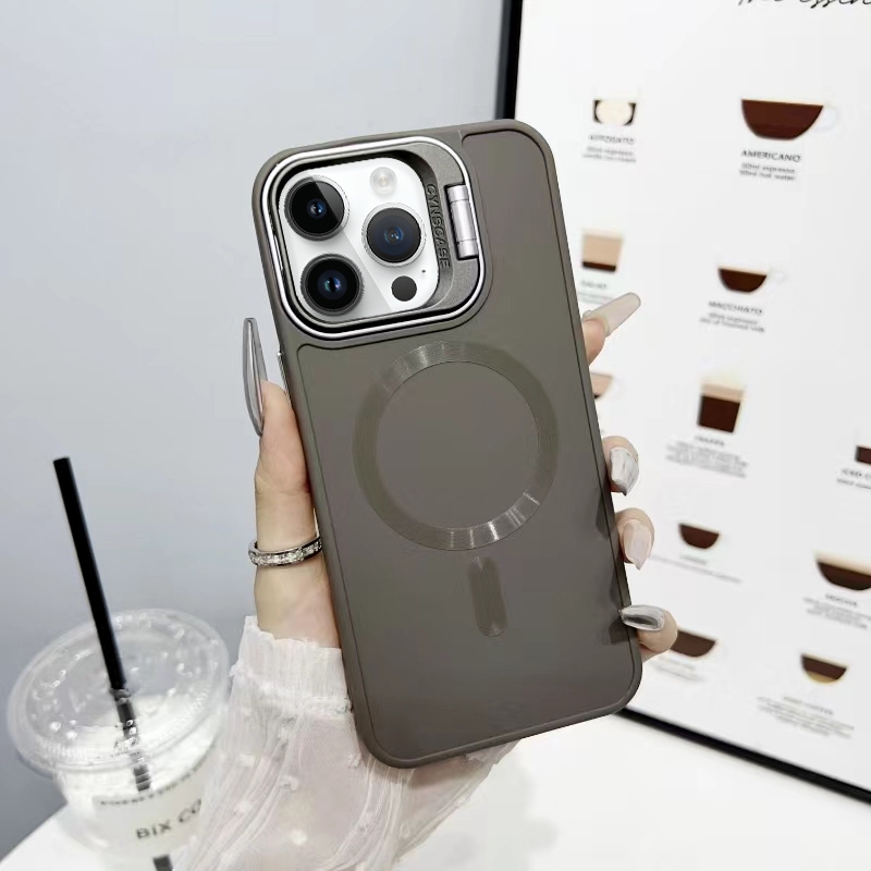 For iPhone 14 Pro Max CD Texture Frosted MagSafe Lens Holder Phone Case(Gray) - Shopkiz.com