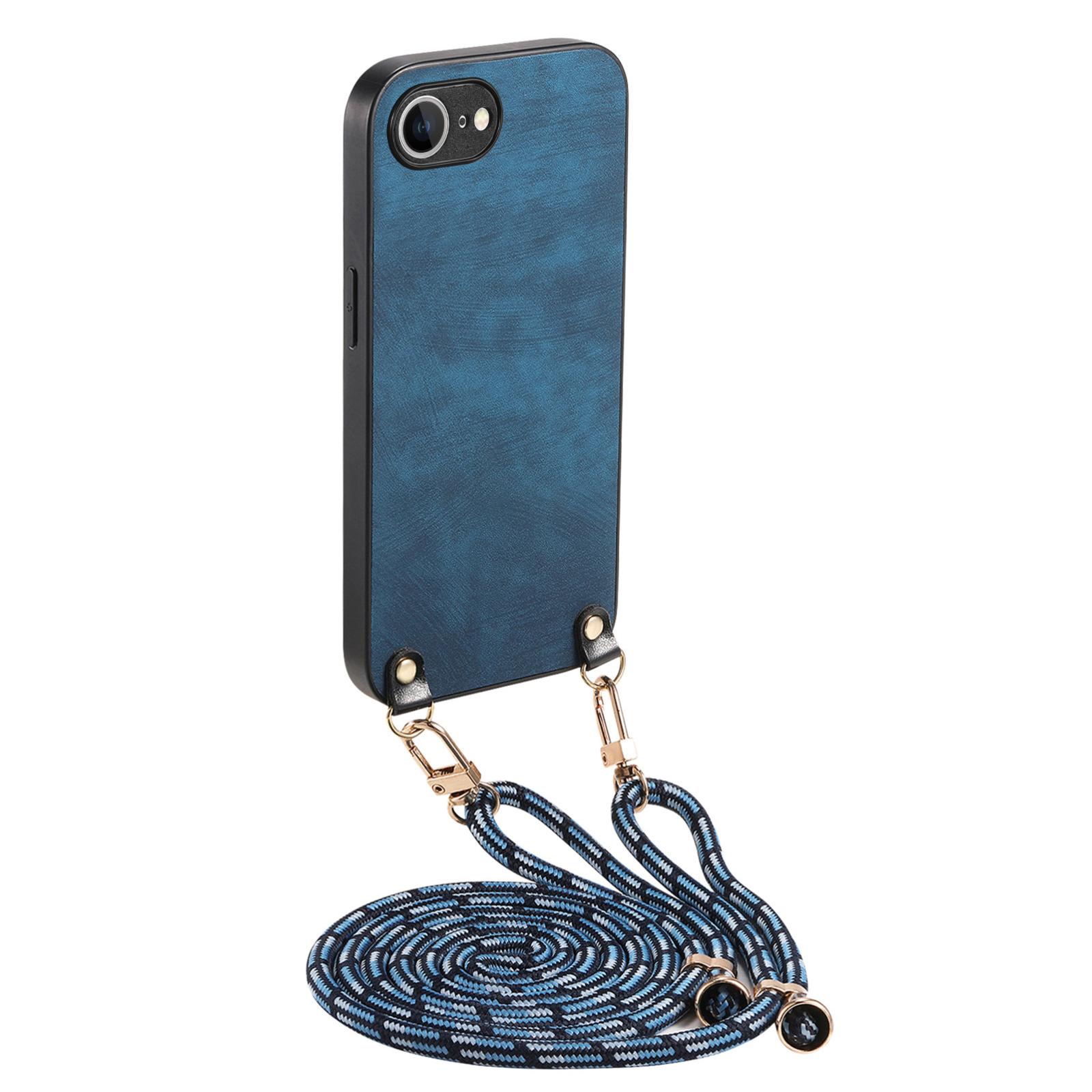 For iPhone 17e / 16e Vintage Leather PC Back Cover Phone Case with Crossbody Strap(Blue) - Shopkiz.com