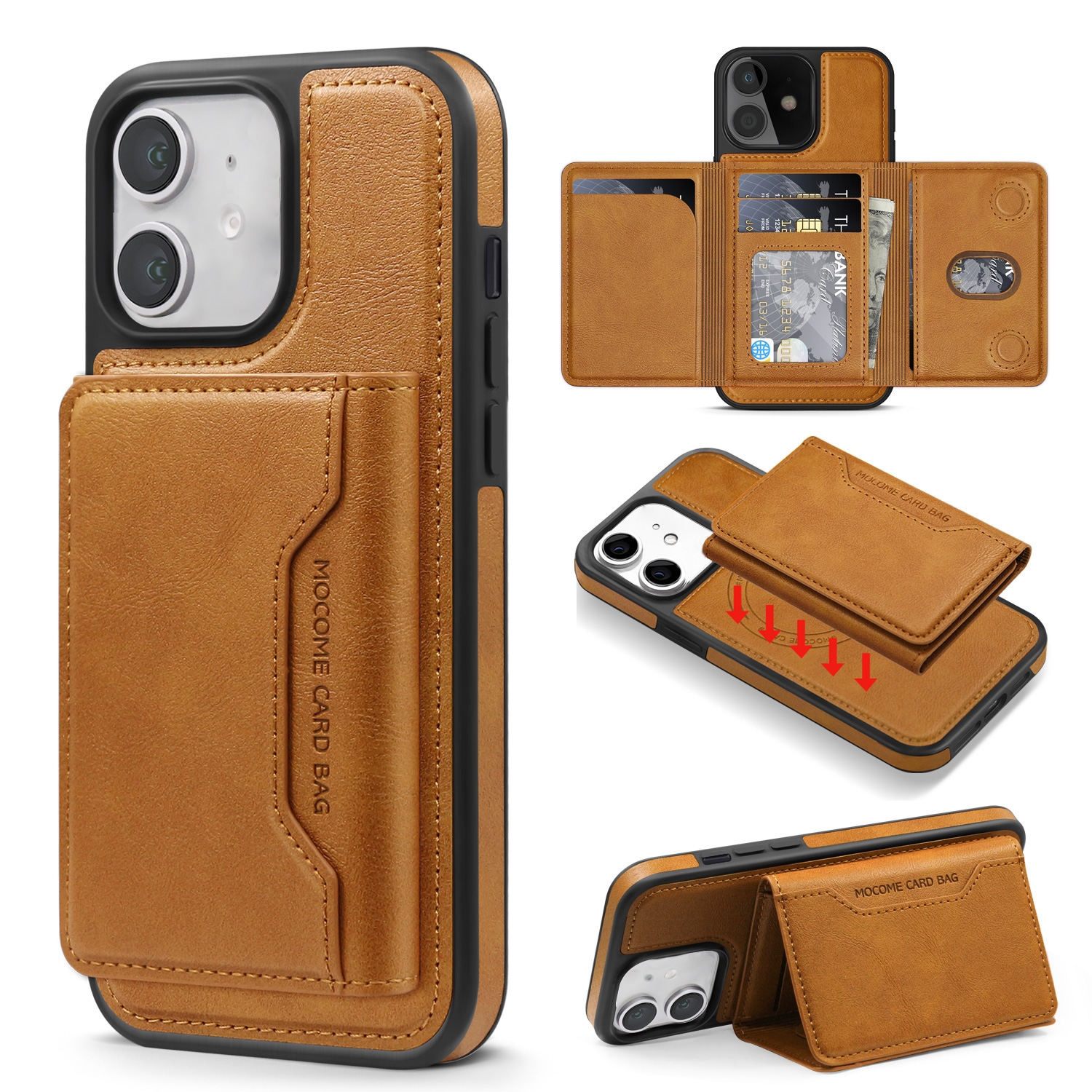 For iPhone 11 Shield Multi-functional MagSafe Card Bag Phone Case(Brown) - Shopkiz.com