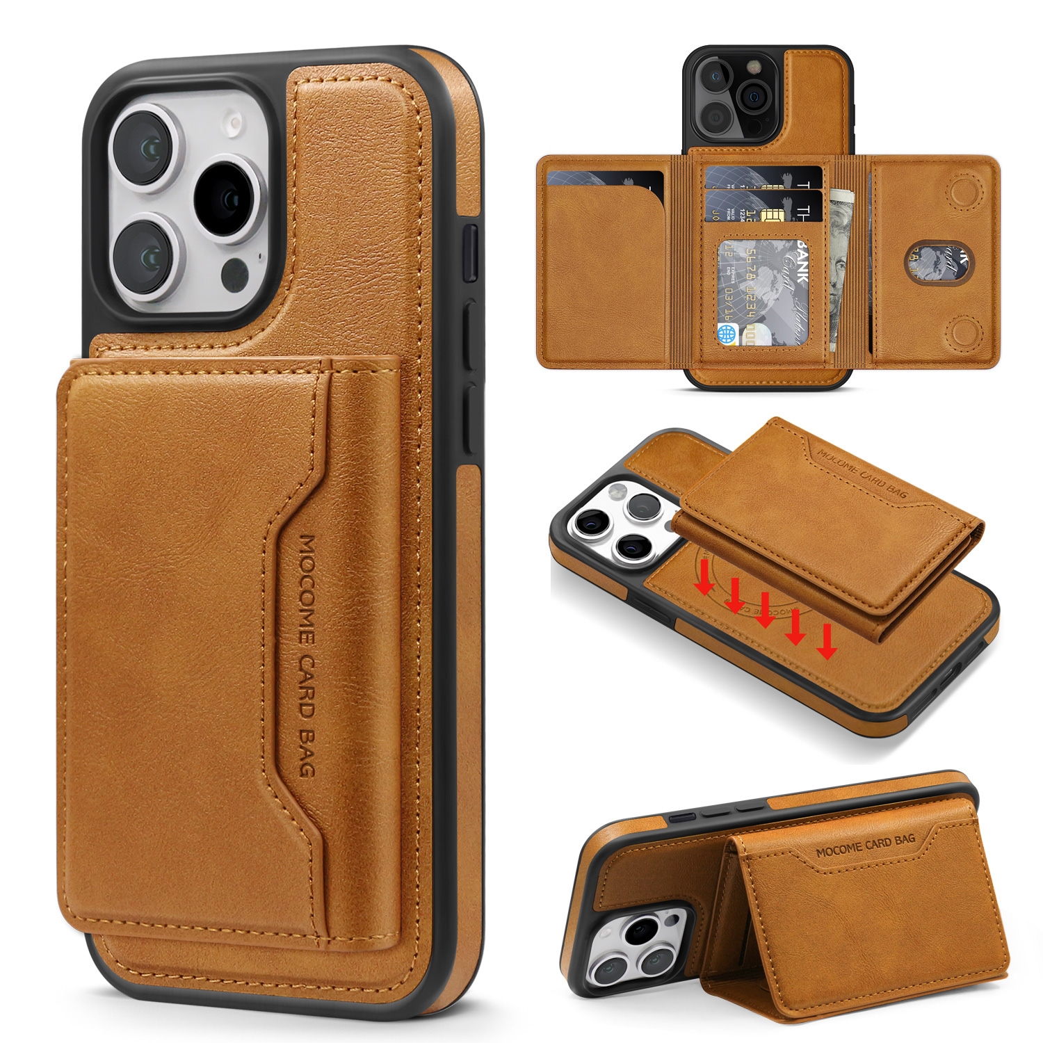 For iPhone 12 Pro Shield Multi-functional MagSafe Card Bag Phone Case(Brown) - Shopkiz.com