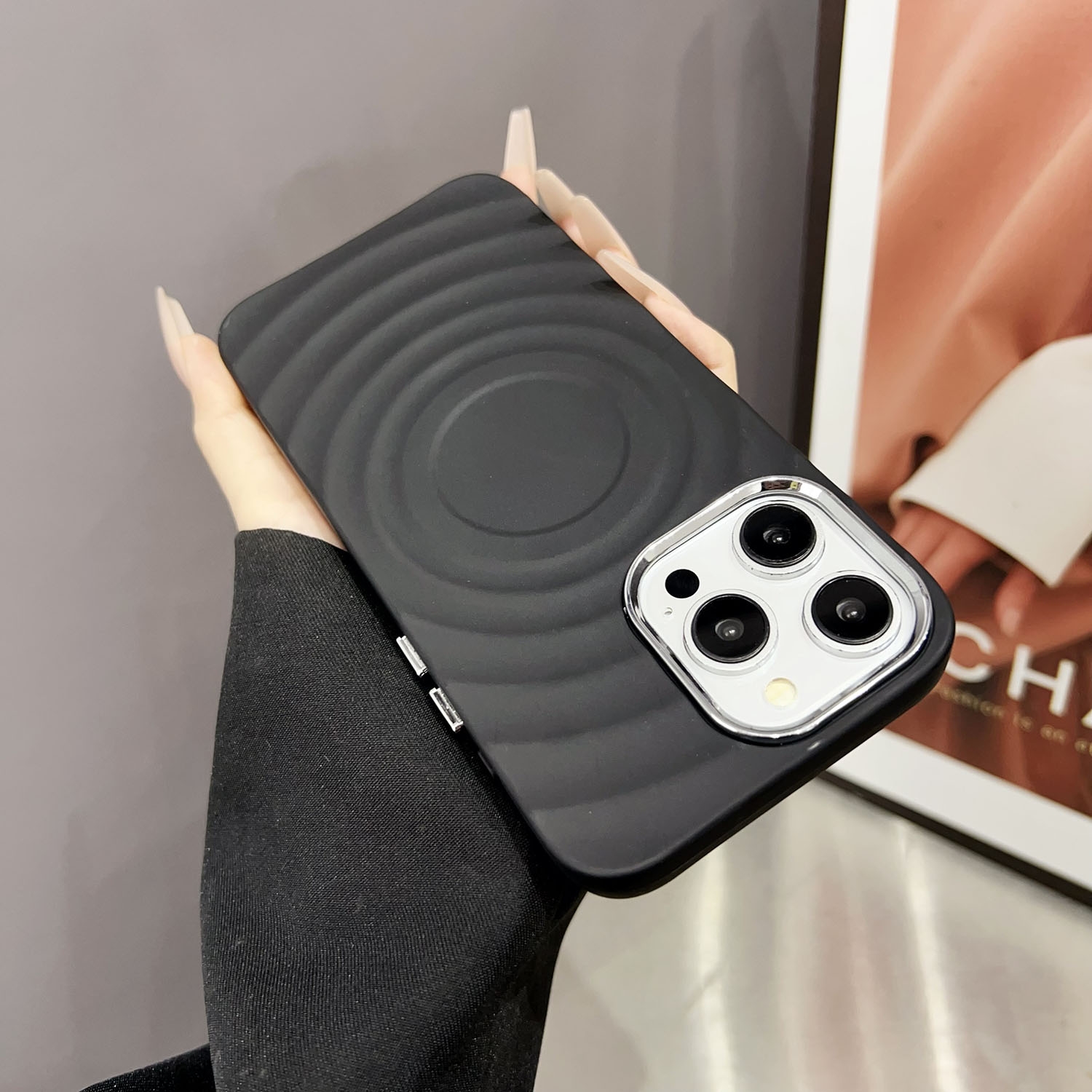 For iPhone 13 Pro Wave MagSafe Silver Lens Frame TPU Phone Case(Black) - Shopkiz.com