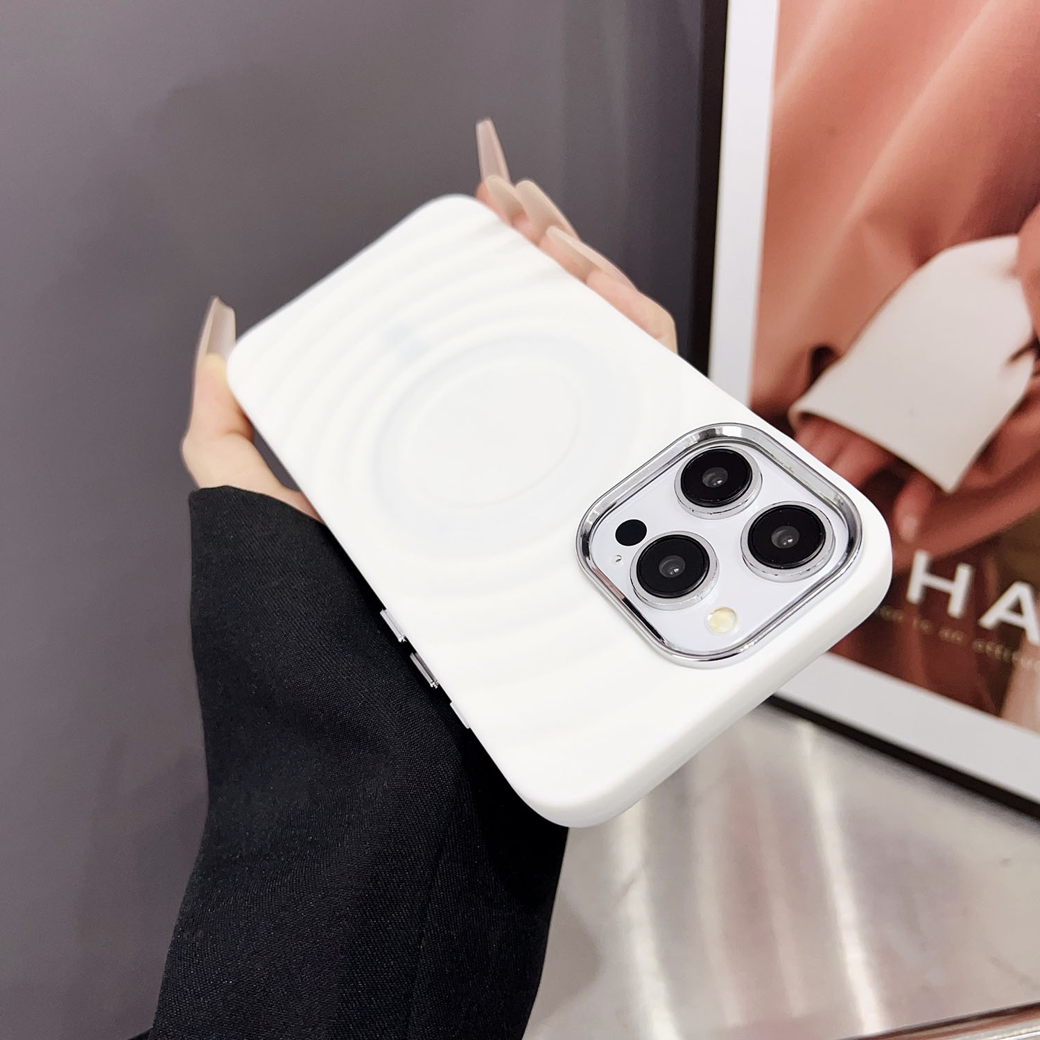 For iPhone 14 Pro Max Wave MagSafe Silver Lens Frame TPU Phone Case(White) - Shopkiz.com