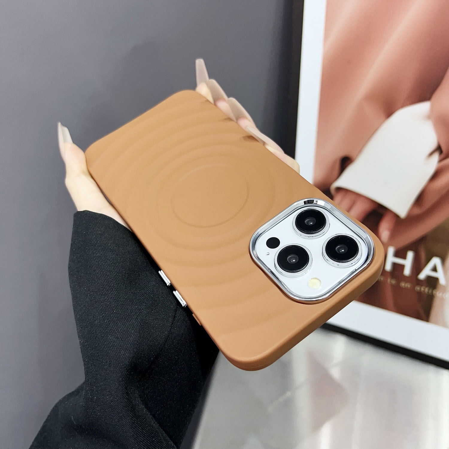 For iPhone 16 Wave MagSafe Silver Lens Frame TPU Phone Case(Brown) - Shopkiz.com