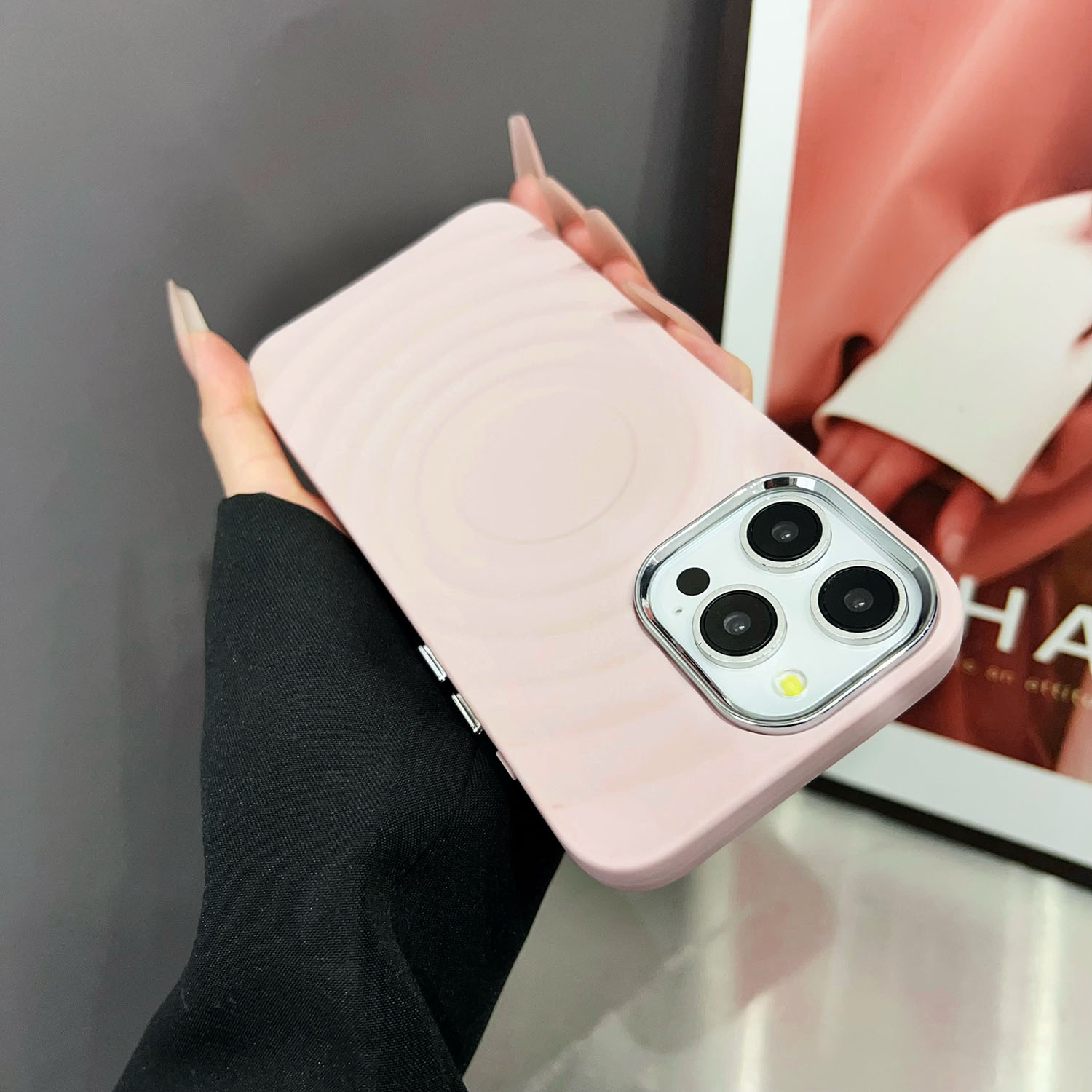 For iPhone 16 Wave MagSafe Silver Lens Frame TPU Phone Case(Pink) - Shopkiz.com