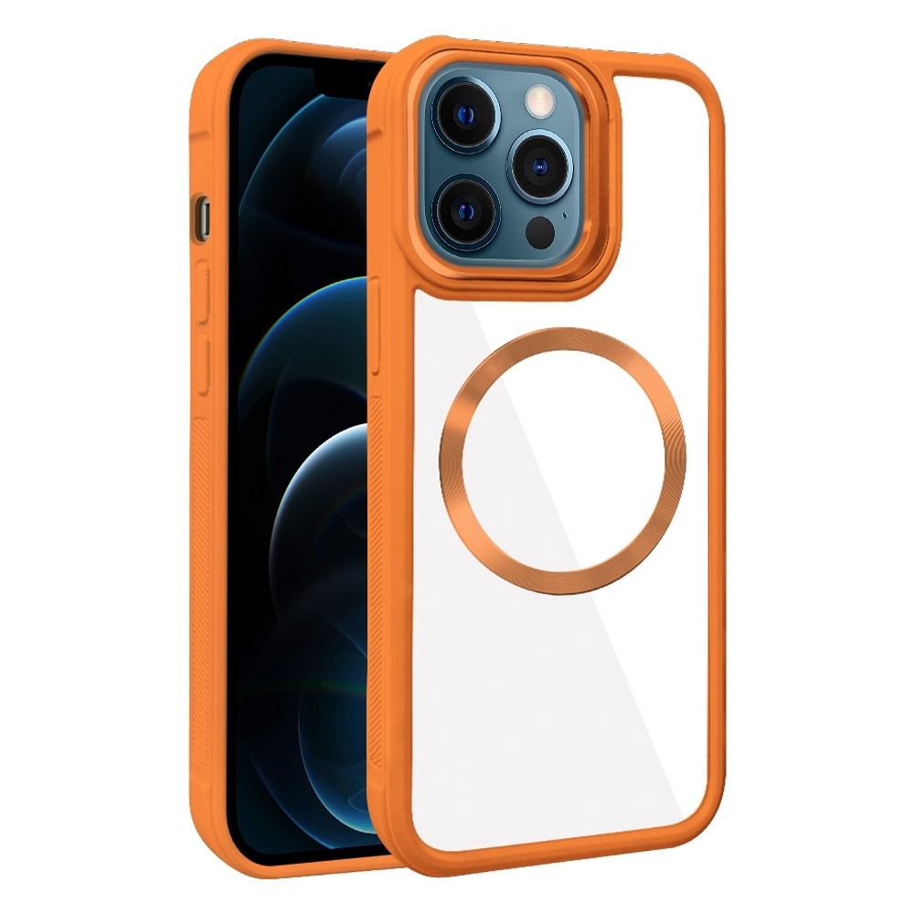 For iPhone 12 Pro Max Plated CD Texture MagSafe Acrylic Hybrid TPU Phone Case(Orange) - Shopkiz.com