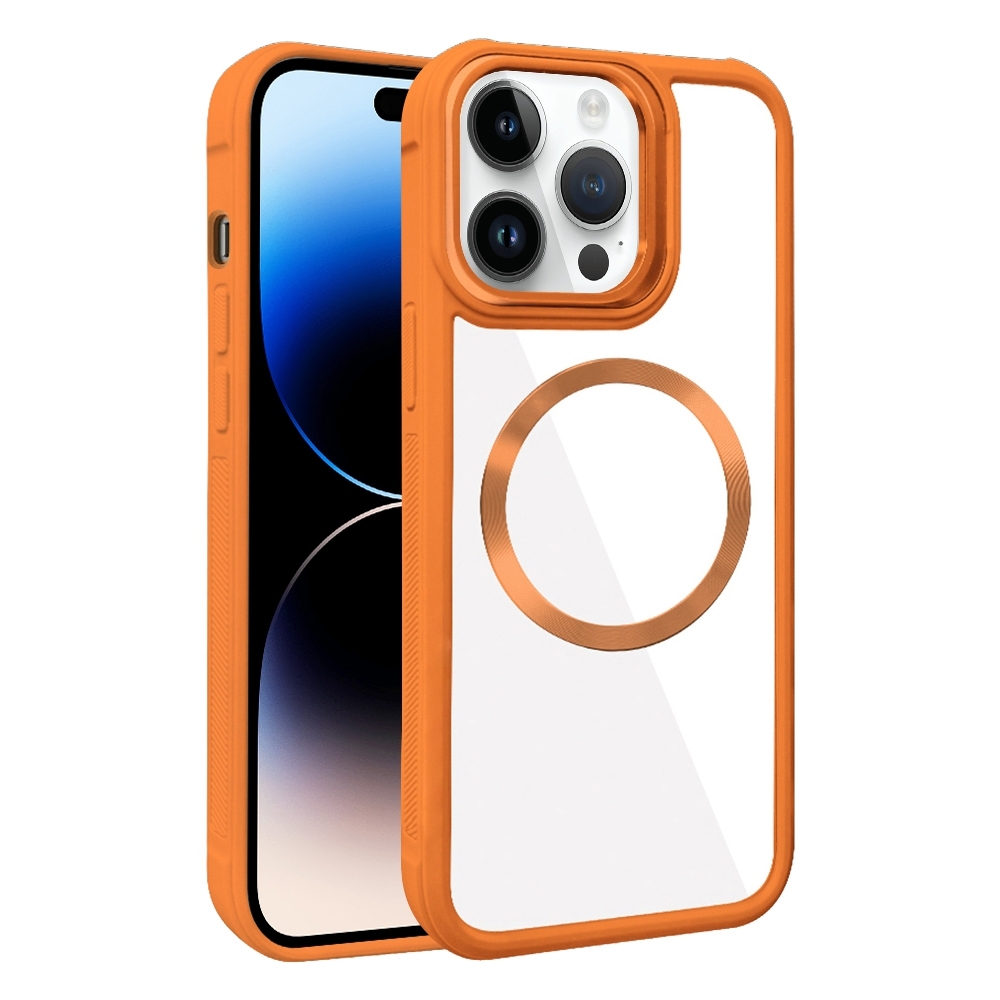 For iPhone 14 Pro Max Plated CD Texture MagSafe Acrylic Hybrid TPU Phone Case(Orange) - Shopkiz.com