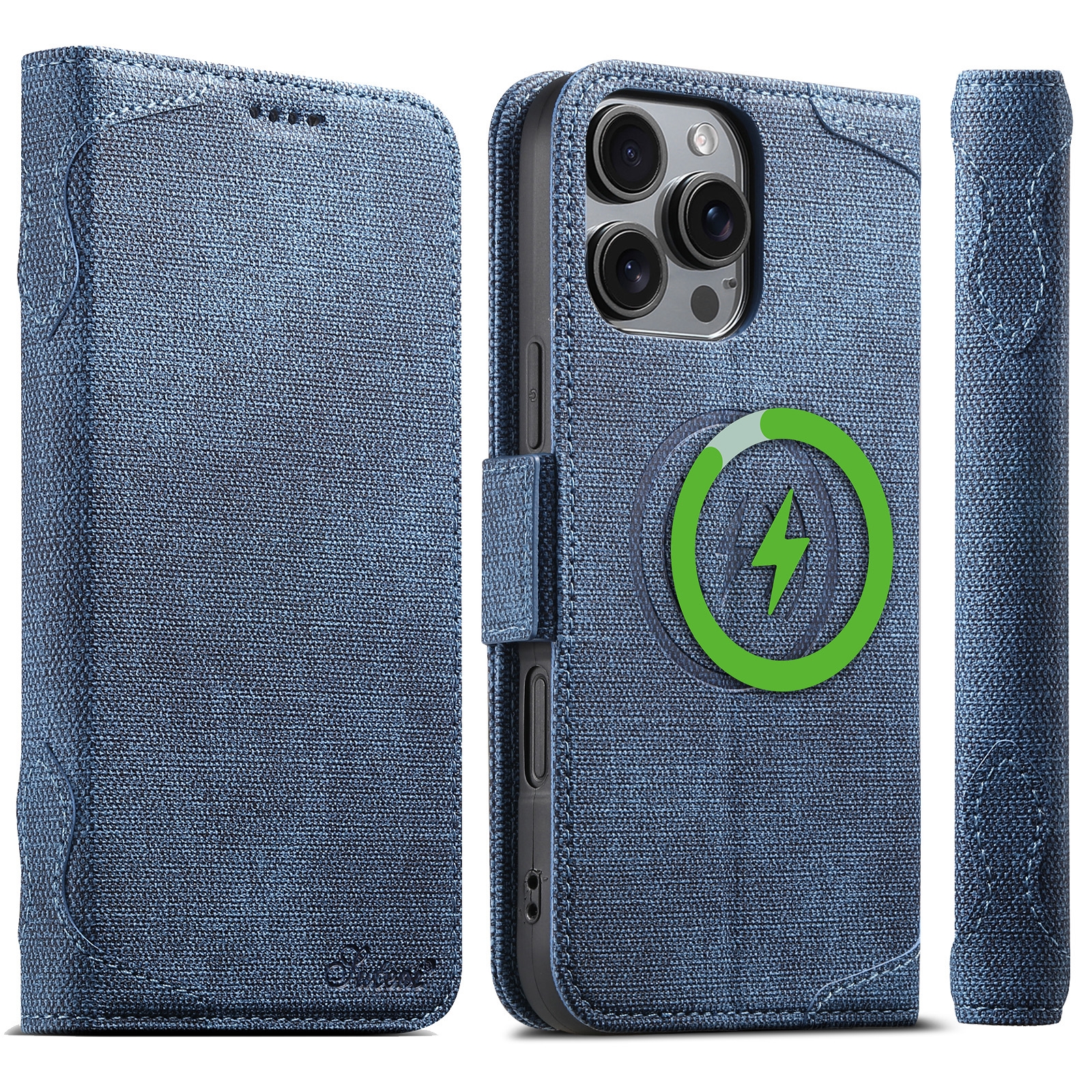 For iPhone 16 Pro Max Suteni J07 Multi-functional Horizontal MagSafe Denim Leather Phone Case(Blue) - Shopkiz.com