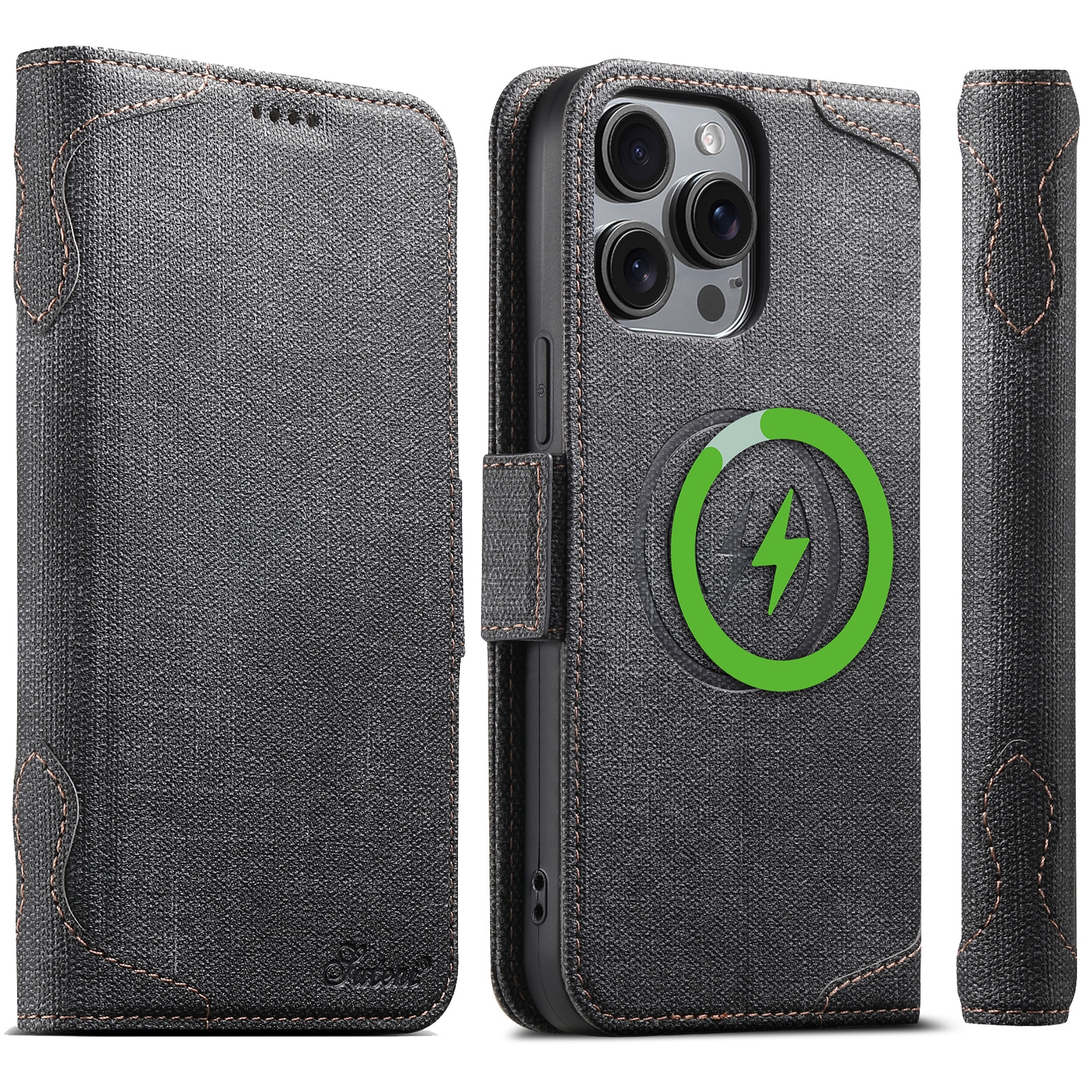 For iPhone 15 Pro Max Suteni J07 Multi-functional Horizontal MagSafe Denim Leather Phone Case(Black) - Shopkiz.com