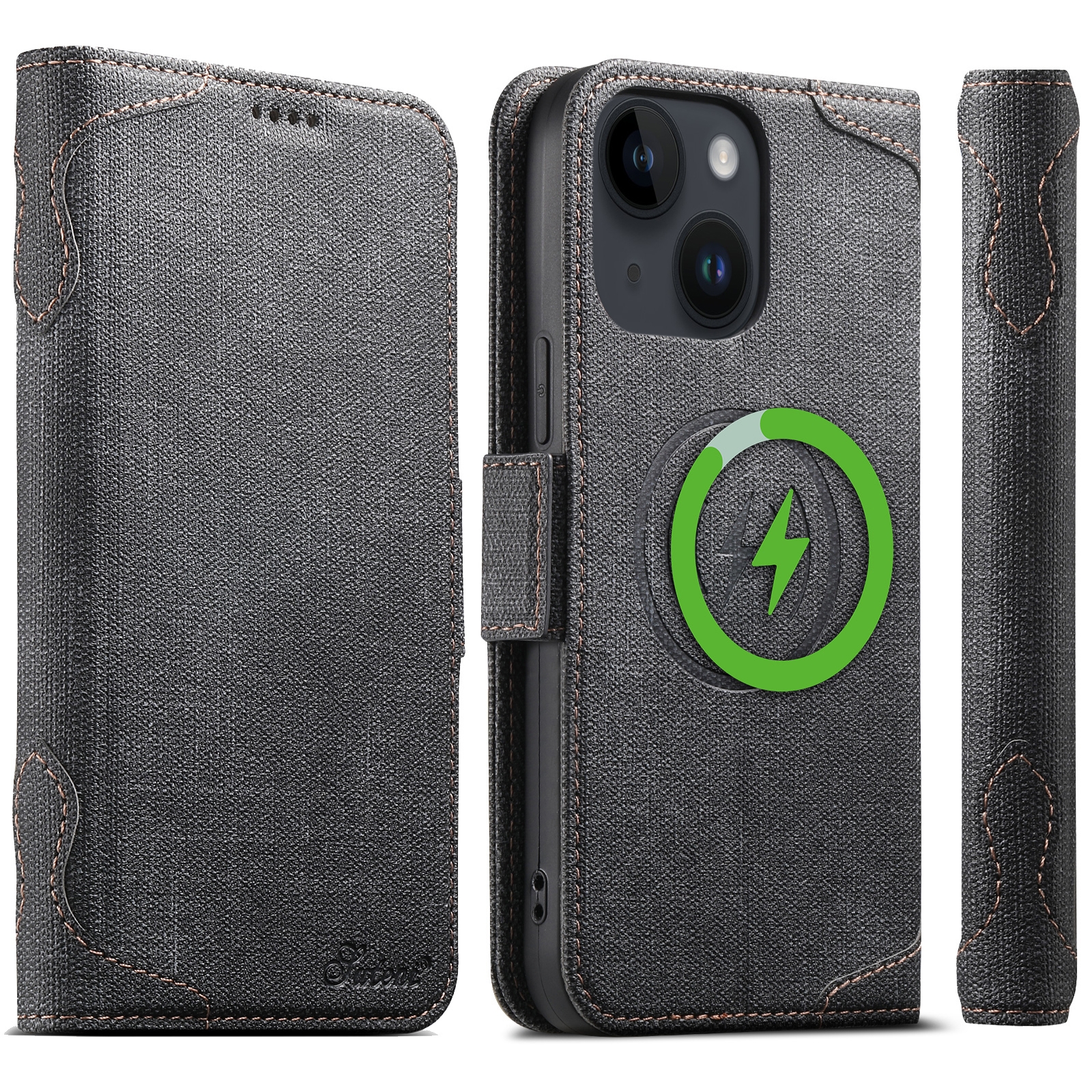 For iPhone 14 Suteni J07 Multi-functional Horizontal MagSafe Denim Leather Phone Case(Black) - Shopkiz.com