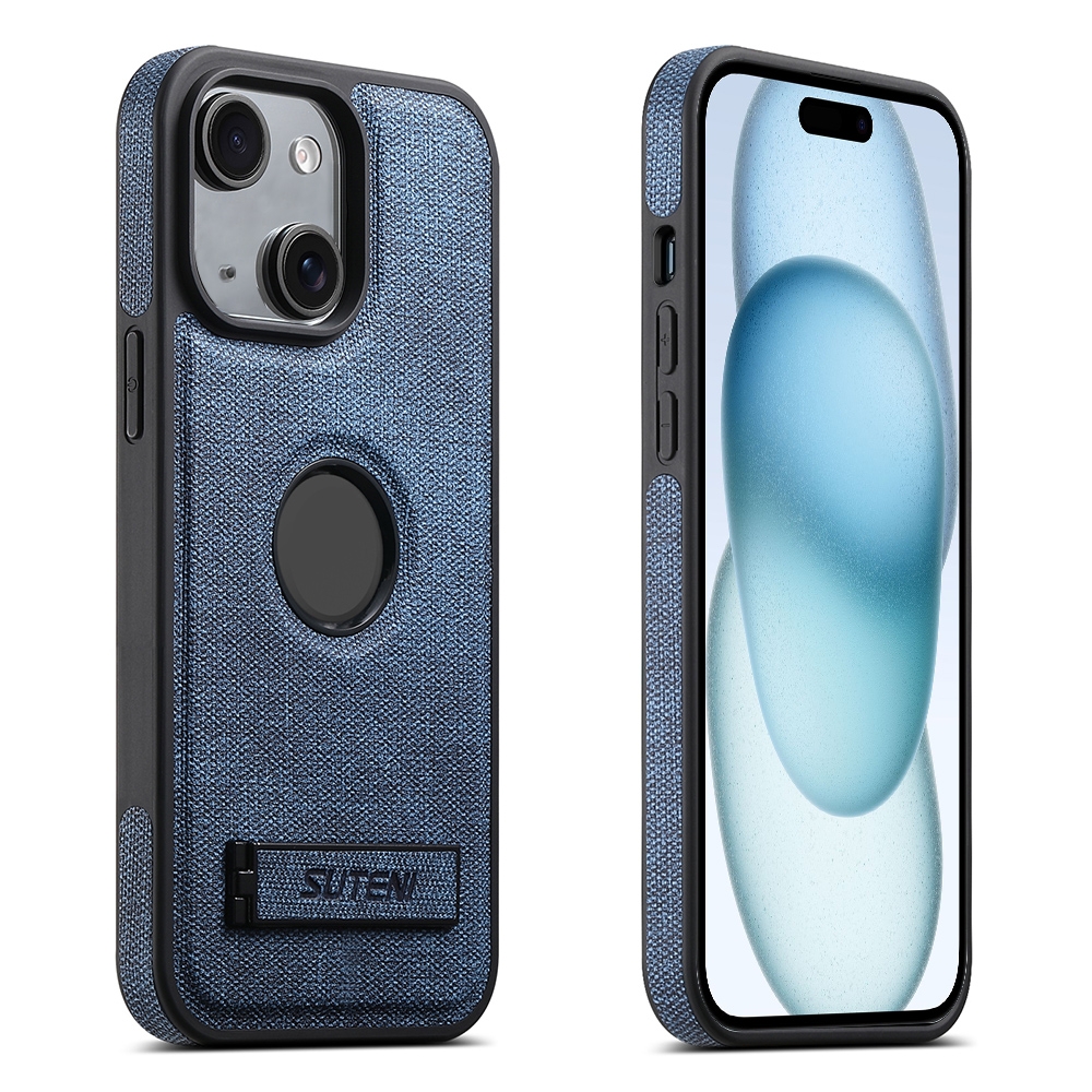 For iPhone 15 Plus Suteni G2 Holder Denim Leather Back MagSafe Phone Case(Blue) - Shopkiz.com