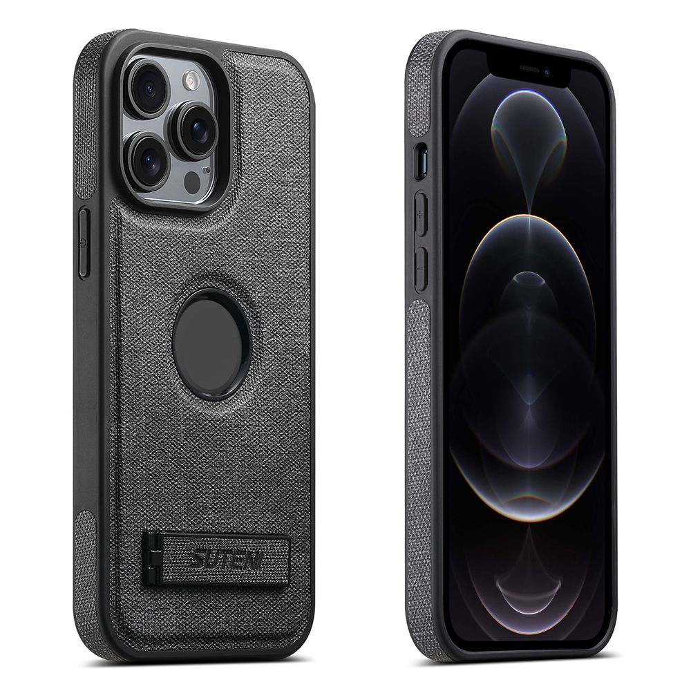 For iPhone 12 Pro Max Suteni G2 Holder Denim Leather Back MagSafe Phone Case(Black) - Shopkiz.com