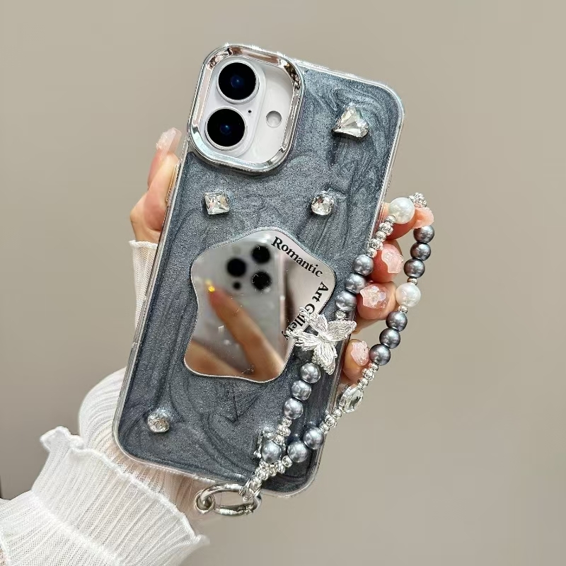 For iPhone 16 Plus Cream Mirror Bracelet Chain TPU Phone Case(Silver Gray) - Shopkiz.com