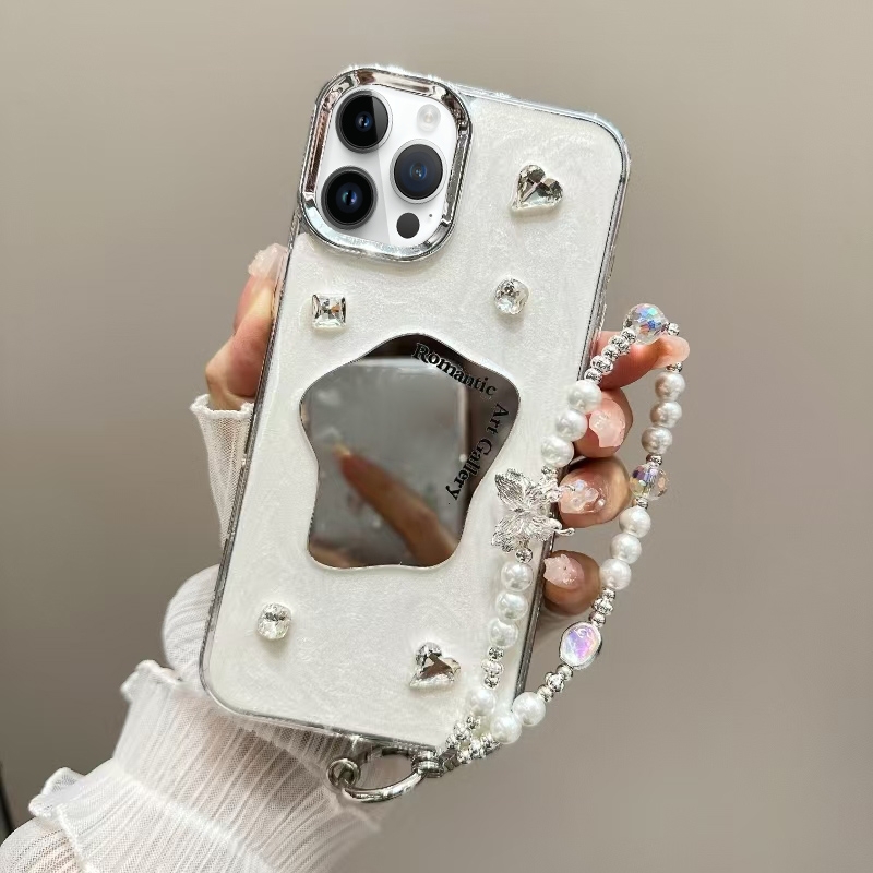 For iPhone 15 Pro Cream Mirror Bracelet Chain TPU Phone Case(Beige) - Shopkiz.com