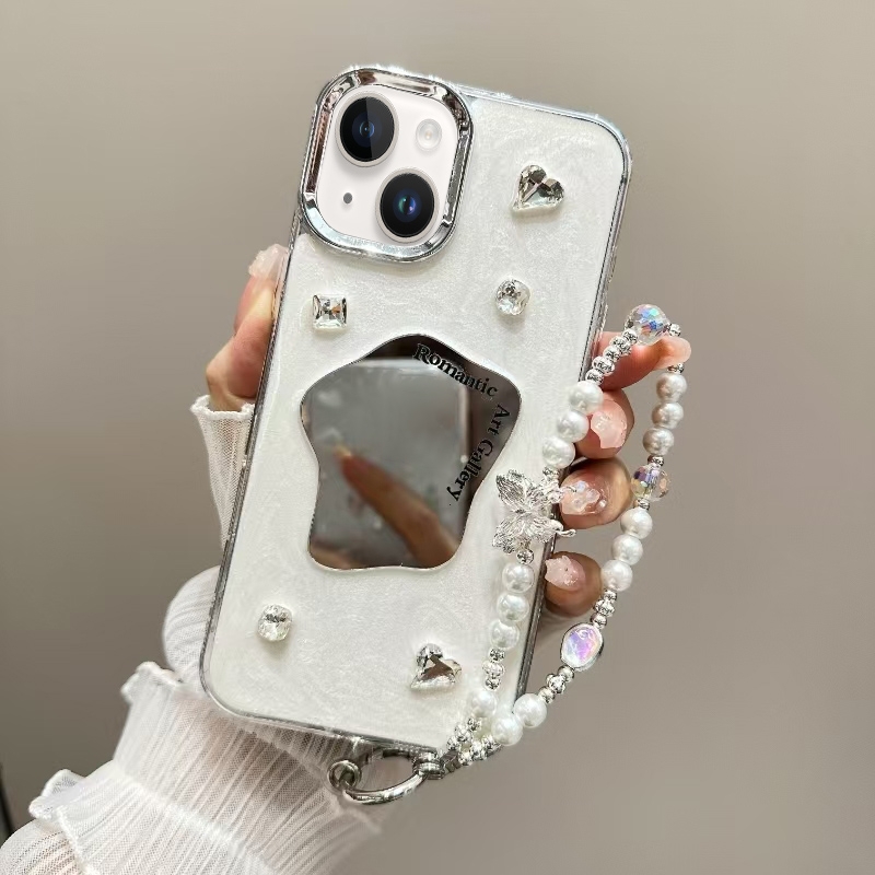For iPhone 13 Cream Mirror Bracelet Chain TPU Phone Case(Beige) - Shopkiz.com