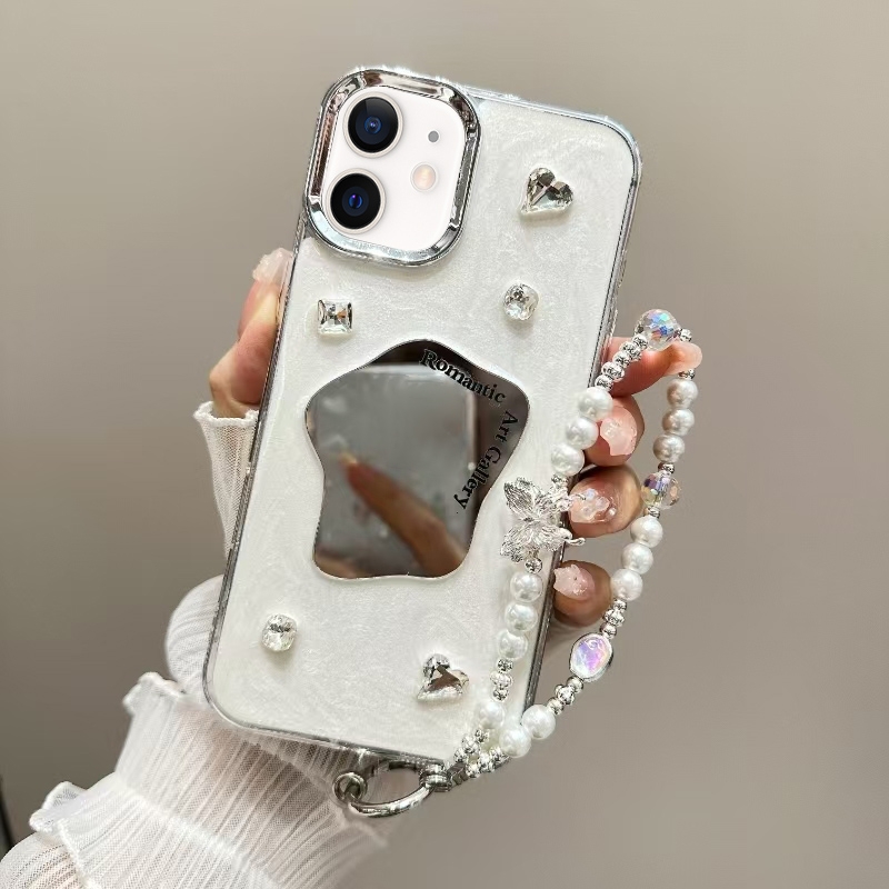 For iPhone 12 Cream Mirror Bracelet Chain TPU Phone Case(Beige) - Shopkiz.com