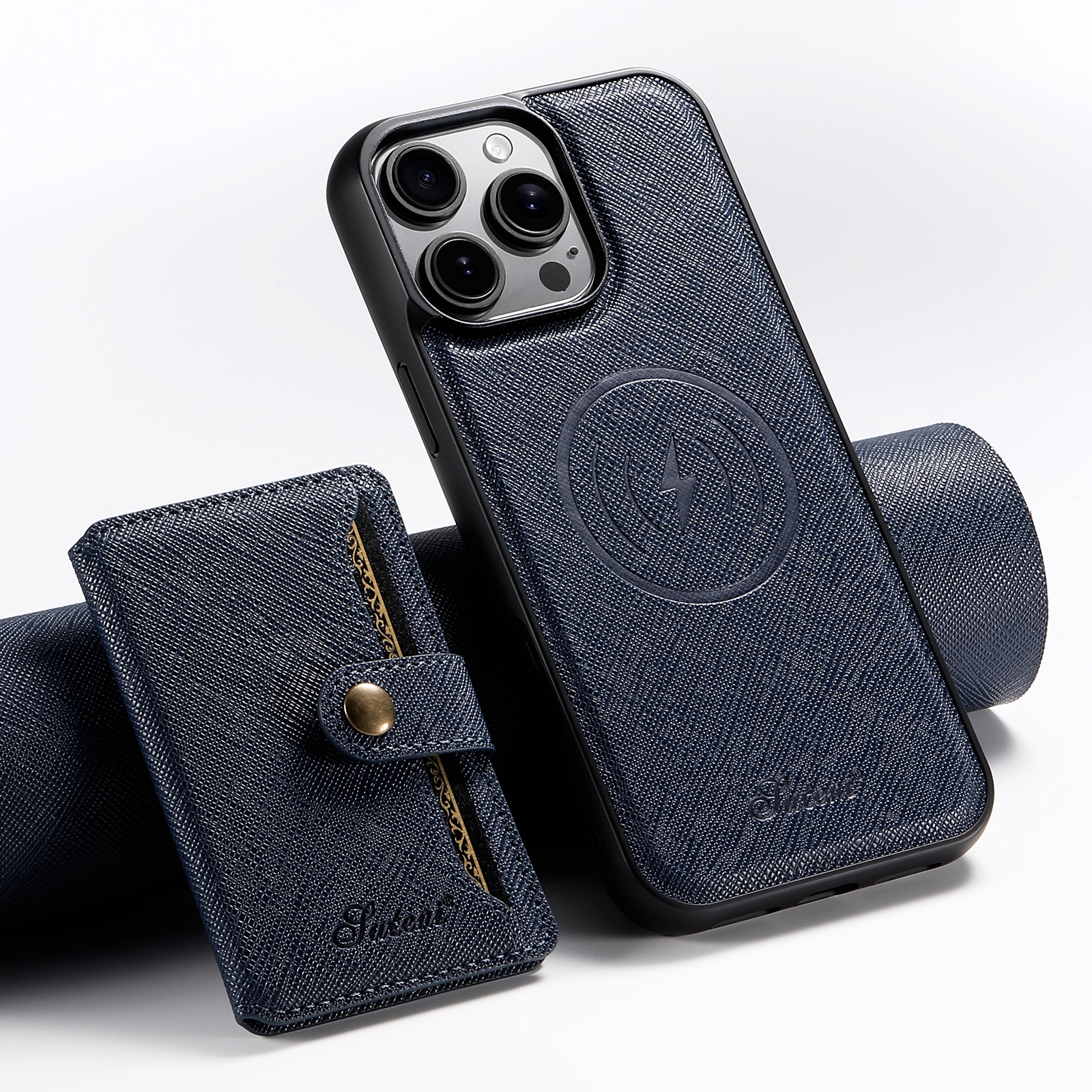 For iPhone 15 Pro Max Suteni H20 Cross-Grain MagSafe Horizontal Card Bag Back Phone Case(Blue) - Shopkiz.com