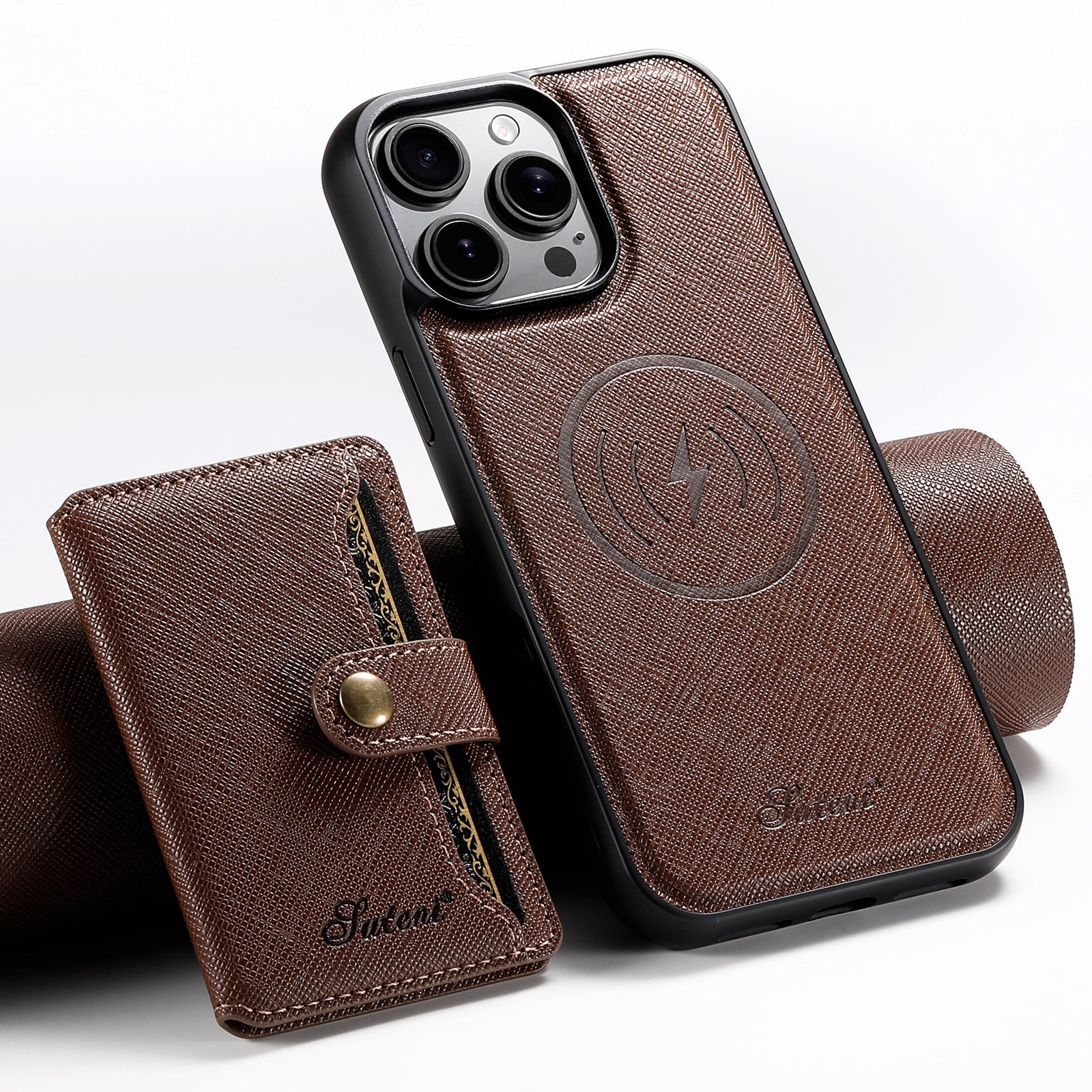 For iPhone 15 Pro Suteni H20 Cross-Grain MagSafe Horizontal Card Bag Back Phone Case(Brown) - Shopkiz.com