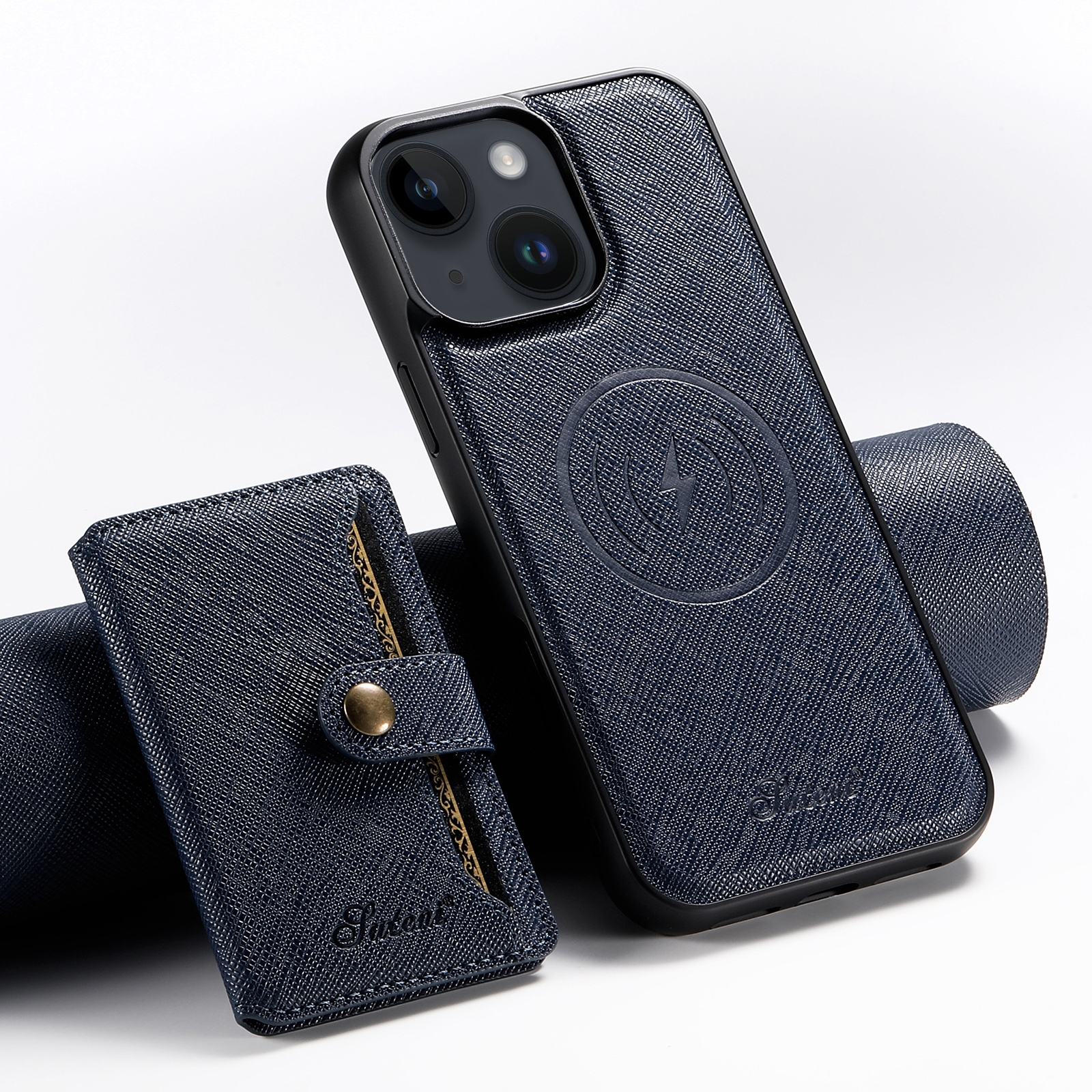 For iPhone 14 Plus Suteni H20 Cross-Grain MagSafe Horizontal Card Bag Back Phone Case(Blue) - Shopkiz.com