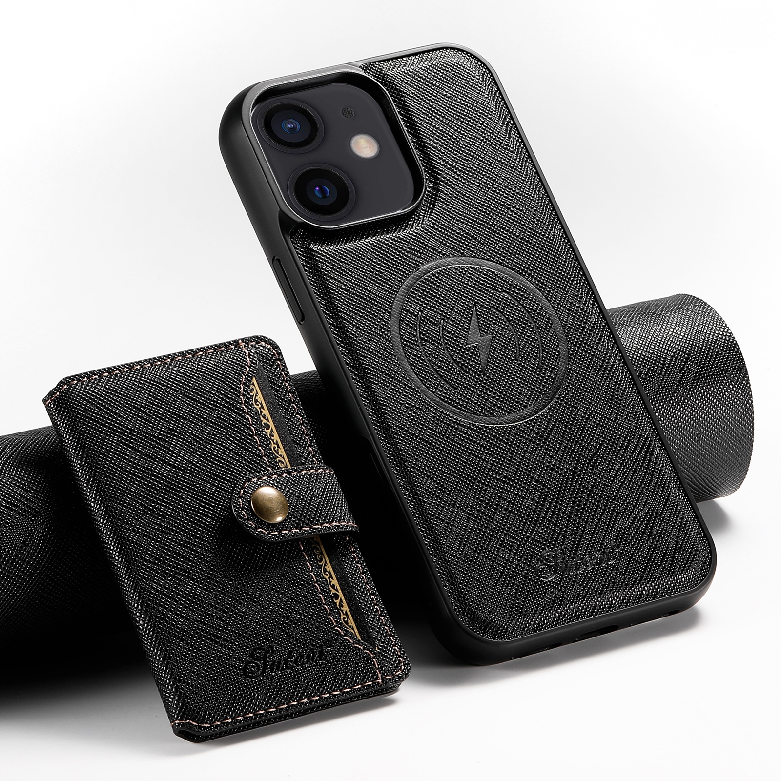 For iPhone 12 Suteni H20 Cross-Grain MagSafe Horizontal Card Bag Back Phone Case(Black) - Shopkiz.com