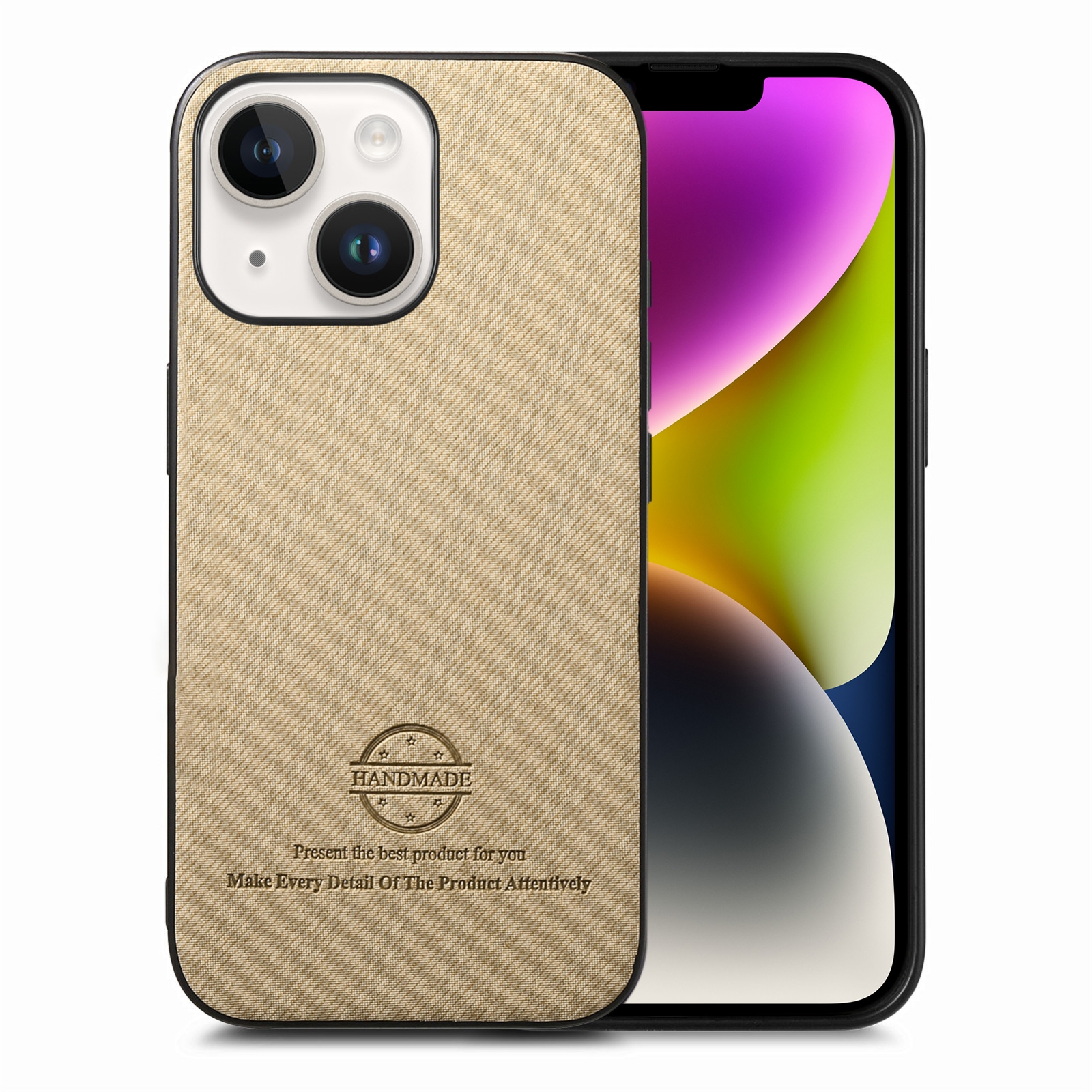 For iPhone 14 Twill Fabric Leather Skin Back Phone Case(Khaki) - Shopkiz.com