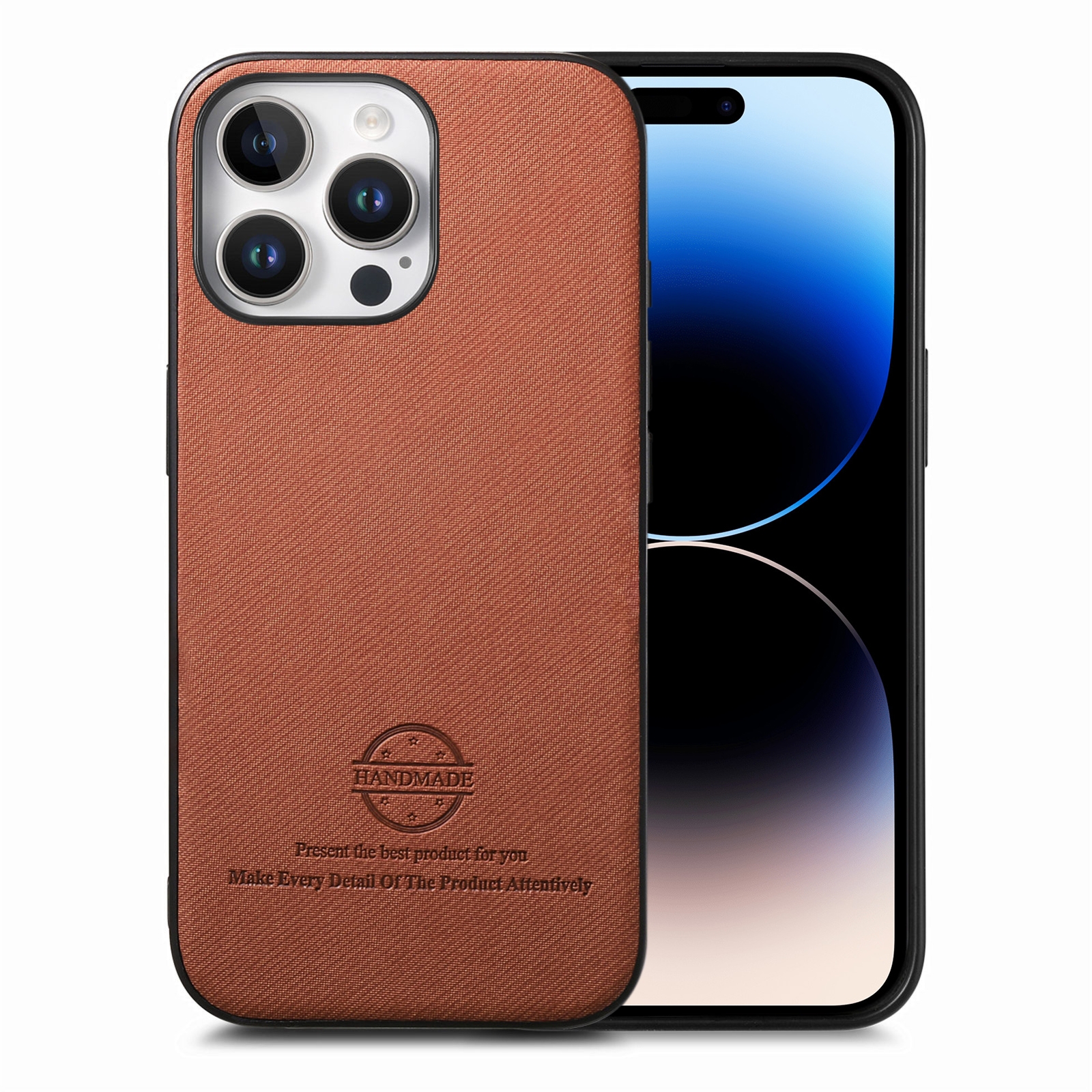For iPhone 14 Pro Twill Fabric Leather Skin Back Phone Case(Brown) - Shopkiz.com
