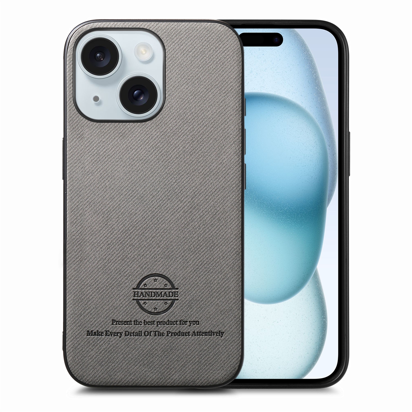 For iPhone 15 Twill Fabric Leather Skin Back Phone Case(Gray) - Shopkiz.com