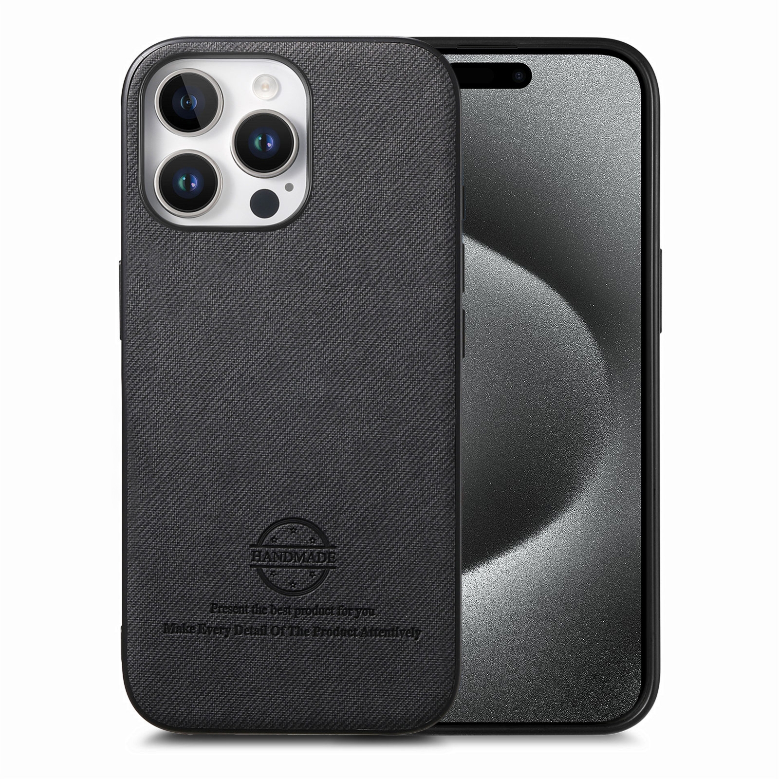 For iPhone 15 Pro Twill Fabric Leather Skin Back Phone Case(Black) - Shopkiz.com