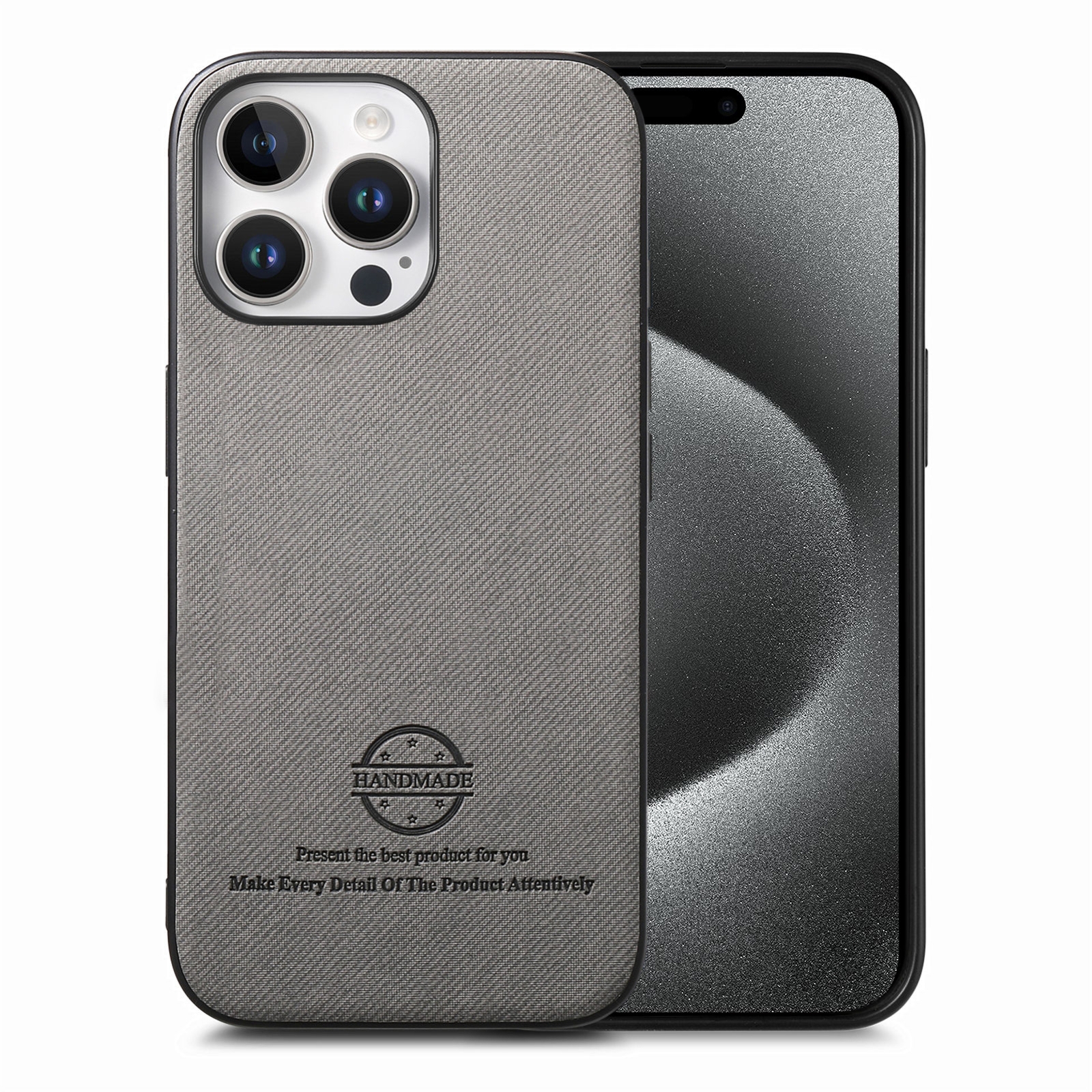 For iPhone 15 Pro Max Twill Fabric Leather Skin Back Phone Case(Gray) - Shopkiz.com
