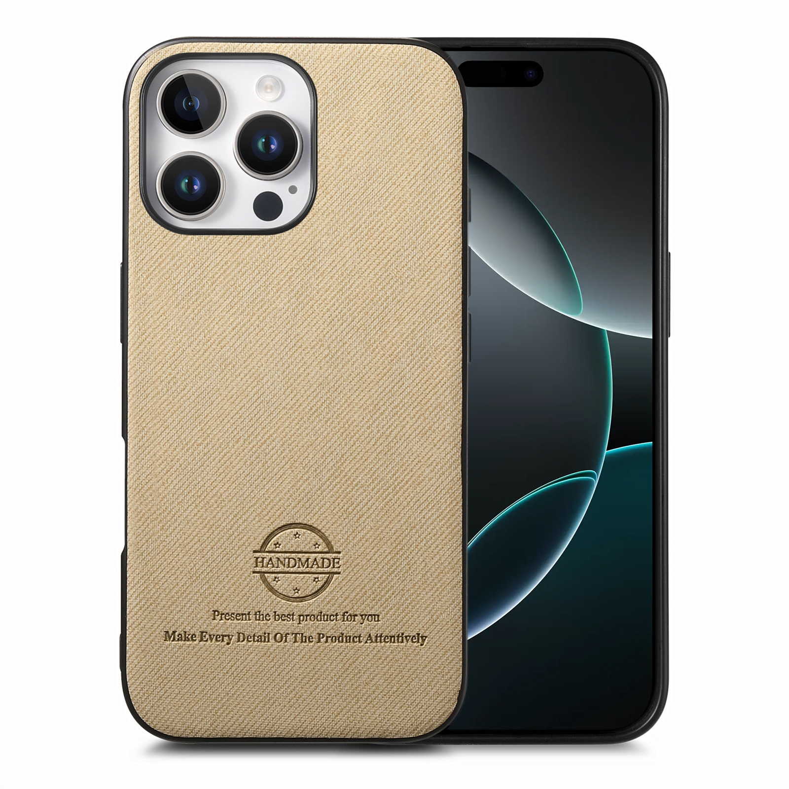For iPhone 16 Pro Twill Fabric Leather Skin Back Phone Case(Khaki) - Shopkiz.com