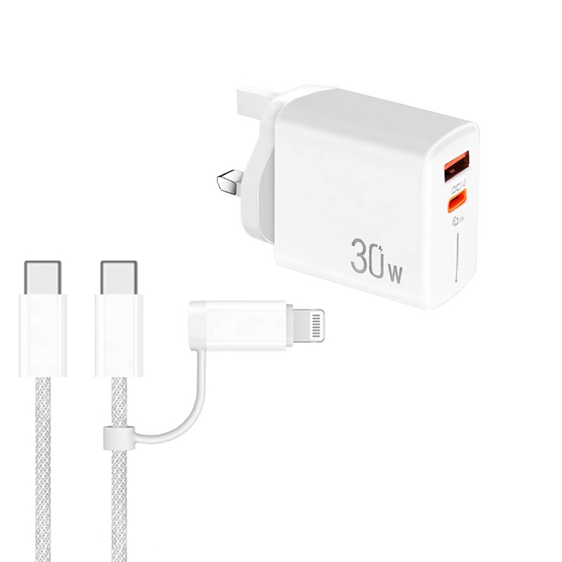 PD31 30W USB-C / Type-C + USB-A Charger with Type-C+8 Pin 2-in-1 Data Cable, UK Plug(White) - Shopkiz.com