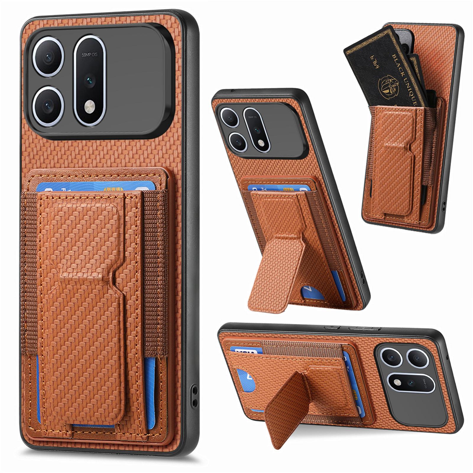 For Honor Win Turbo 5G Carbon Fiber Fold Stand Elastic Card Bag Phone Case(Brown) - Shopkiz.com