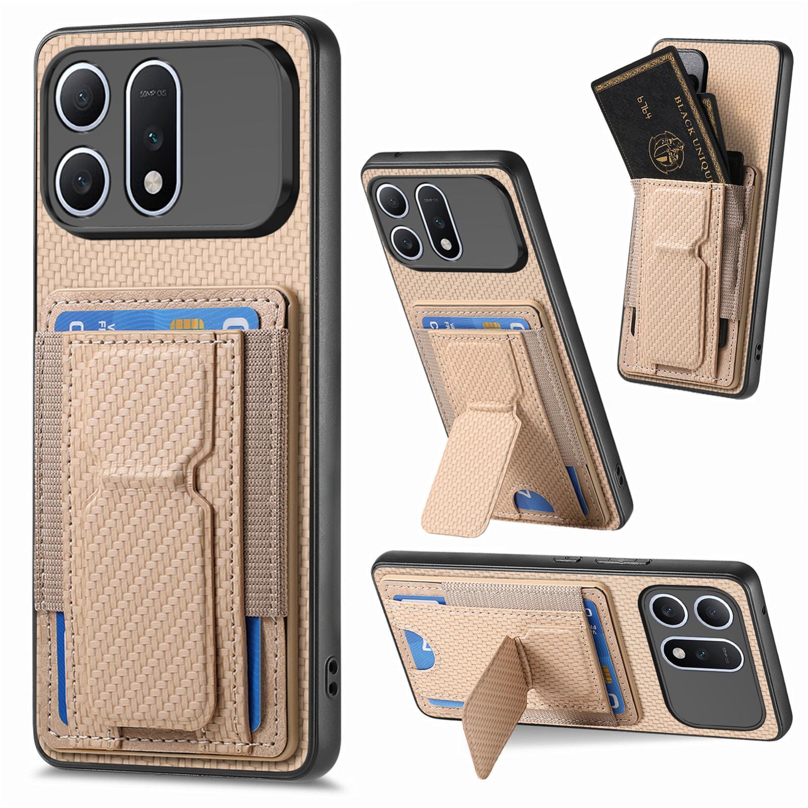 For Honor Win Turbo 5G Carbon Fiber Fold Stand Elastic Card Bag Phone Case(Khaki) - Shopkiz.com