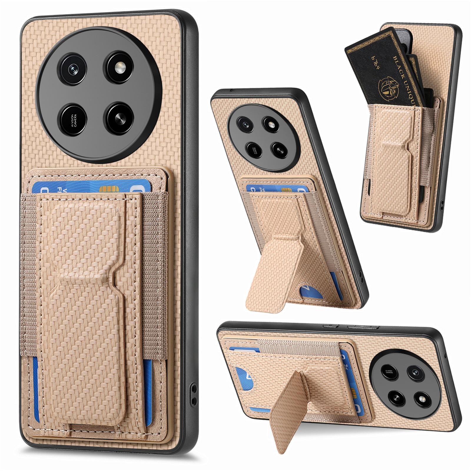 For Honor X80 Pro Max 5G Carbon Fiber Fold Stand Elastic Card Bag Phone Case(Khaki) - Shopkiz.com